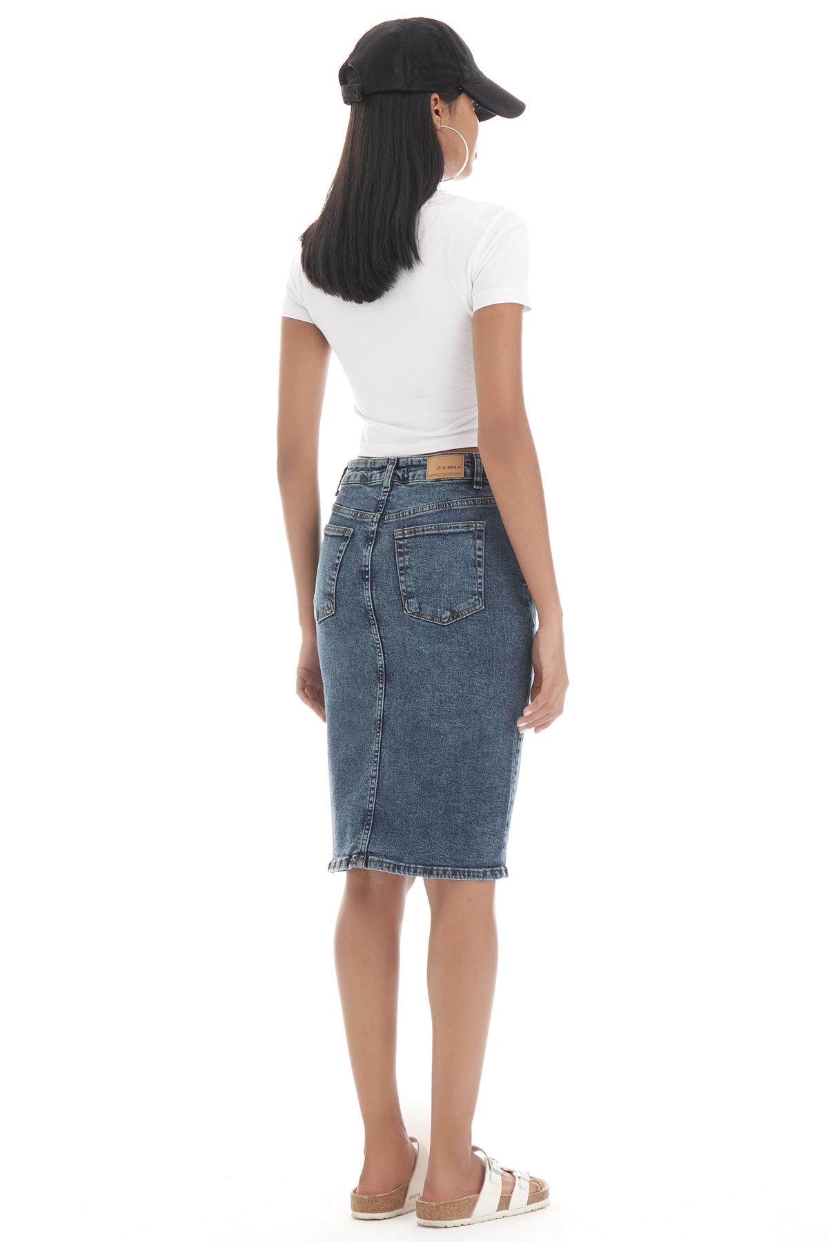 It's Basic Kadın Tint jean Rengi Midi Boy Yüksek Bel Yırtmaçlı Jean Etek görsel 5