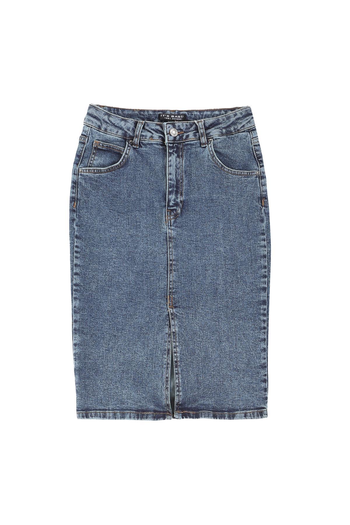 It's Basic Kadın Tint jean Rengi Midi Boy Yüksek Bel Yırtmaçlı Jean Etek görsel 6