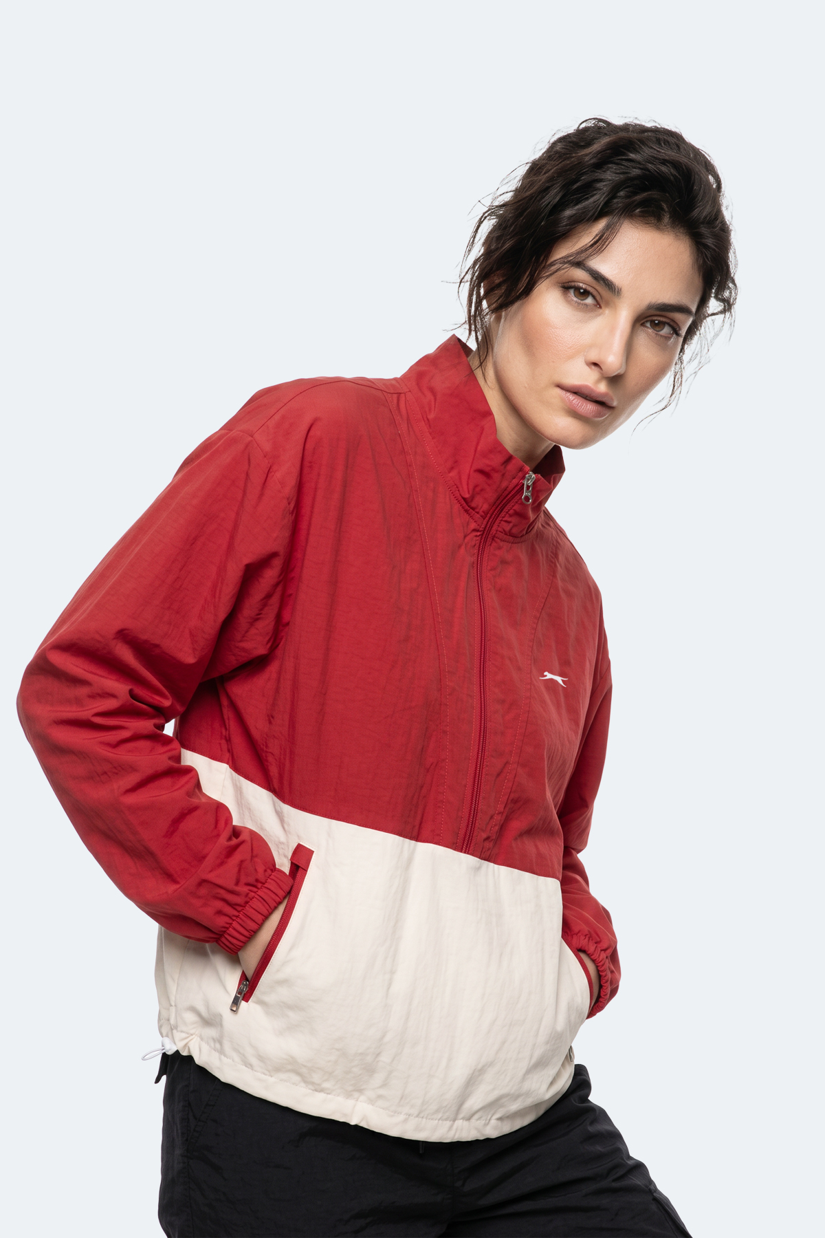 SLAZENGER RESTORED Kadın Dik Yaka Fermuarlı Oversıze Kırmızı Rüzgarlık görsel 4