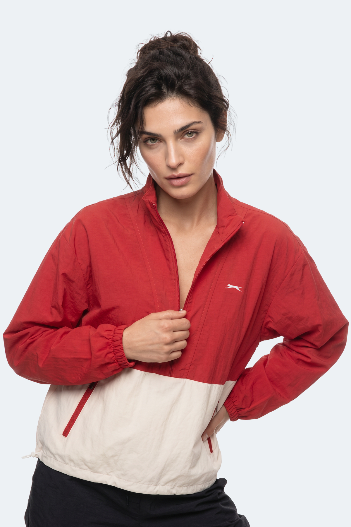 SLAZENGER RESTORED Kadın Dik Yaka Fermuarlı Oversıze Kırmızı Rüzgarlık görsel 7