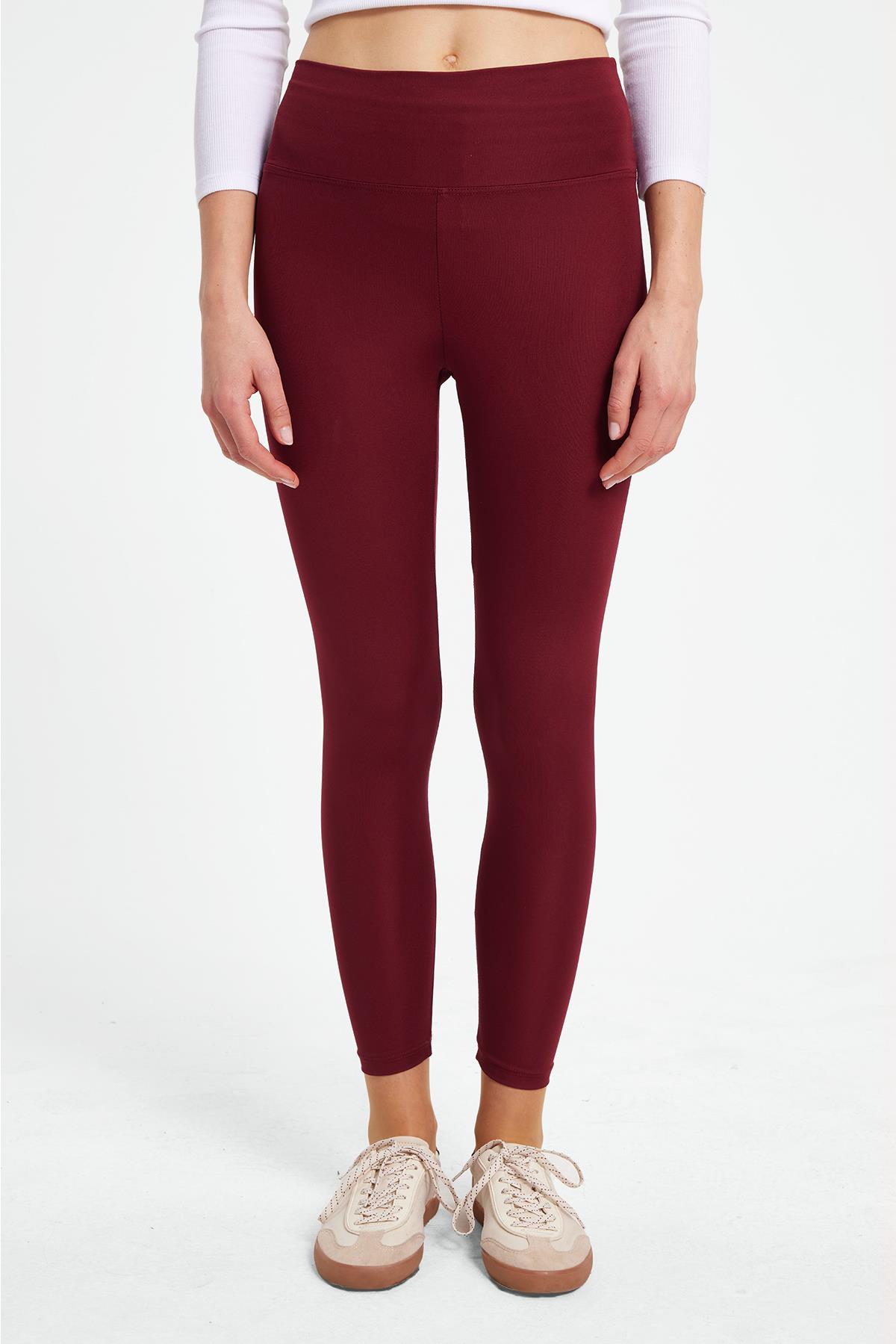TUDORS Kadın Slim Fit Dar Kesim Scuba Kumaş Beli Lastikli Bordo Tayt