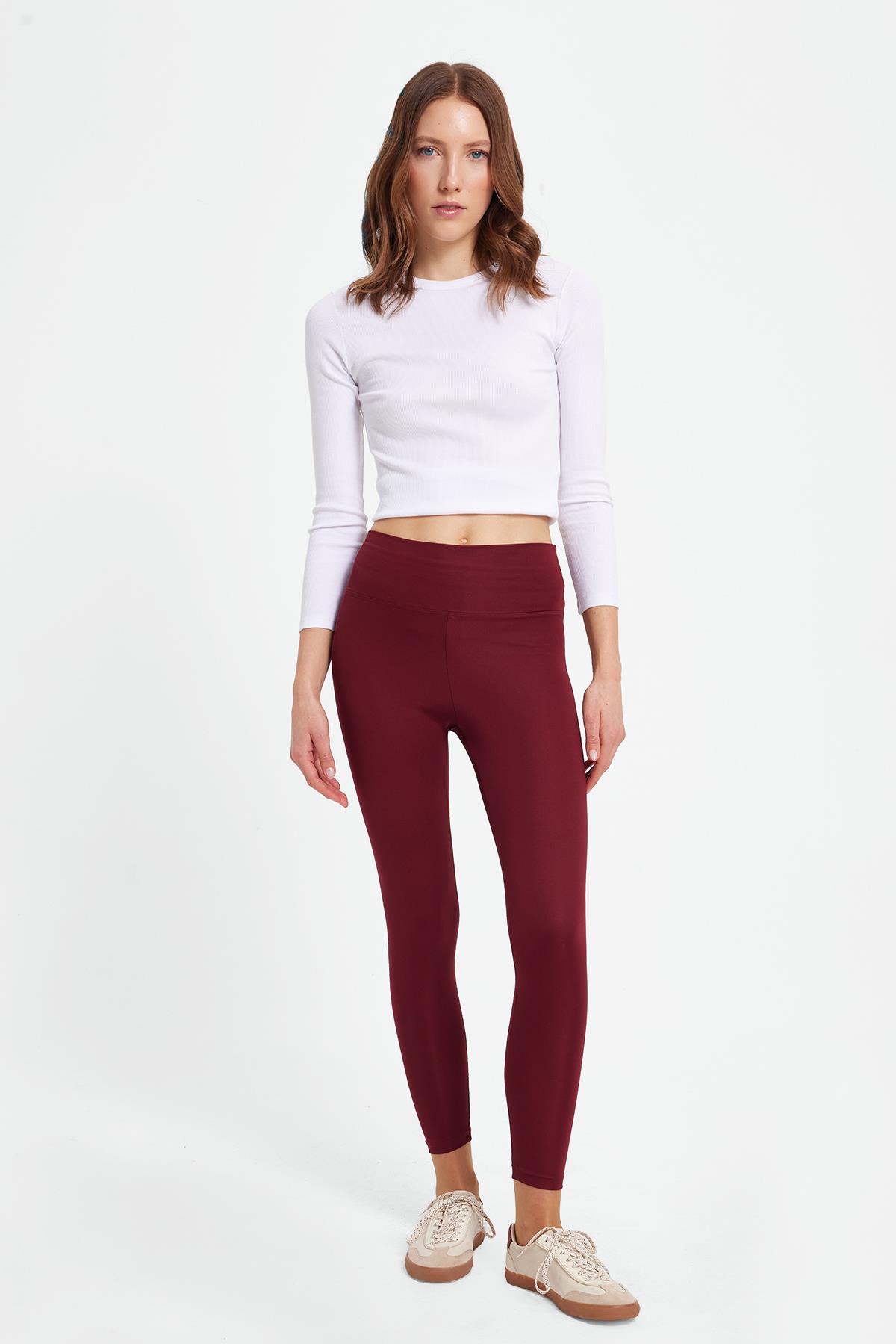 TUDORS Kadın Slim Fit Dar Kesim Scuba Kumaş Beli Lastikli Bordo Tayt görsel 2