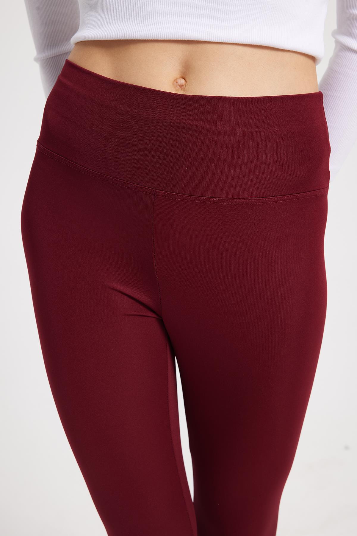 TUDORS Kadın Slim Fit Dar Kesim Scuba Kumaş Beli Lastikli Bordo Tayt görsel 3