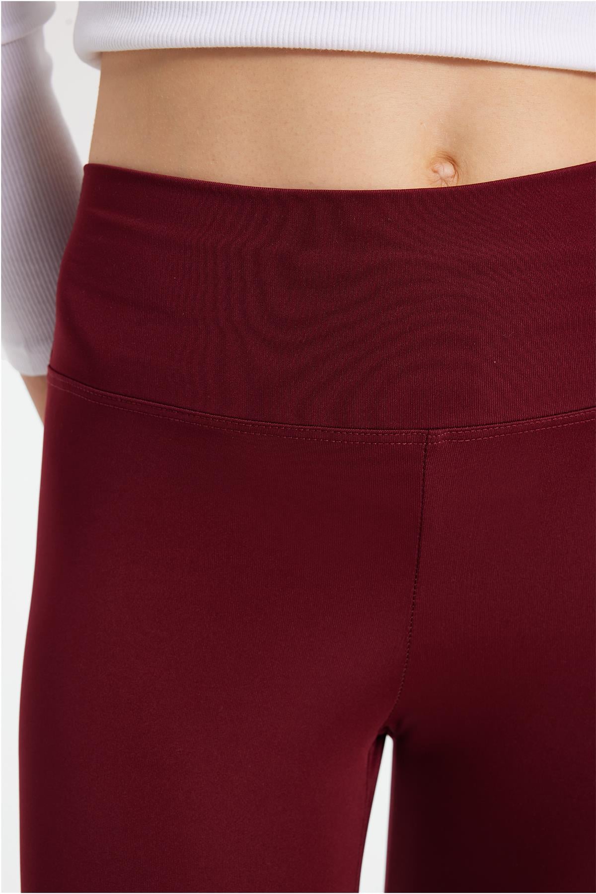 TUDORS Kadın Slim Fit Dar Kesim Scuba Kumaş Beli Lastikli Bordo Tayt görsel 4
