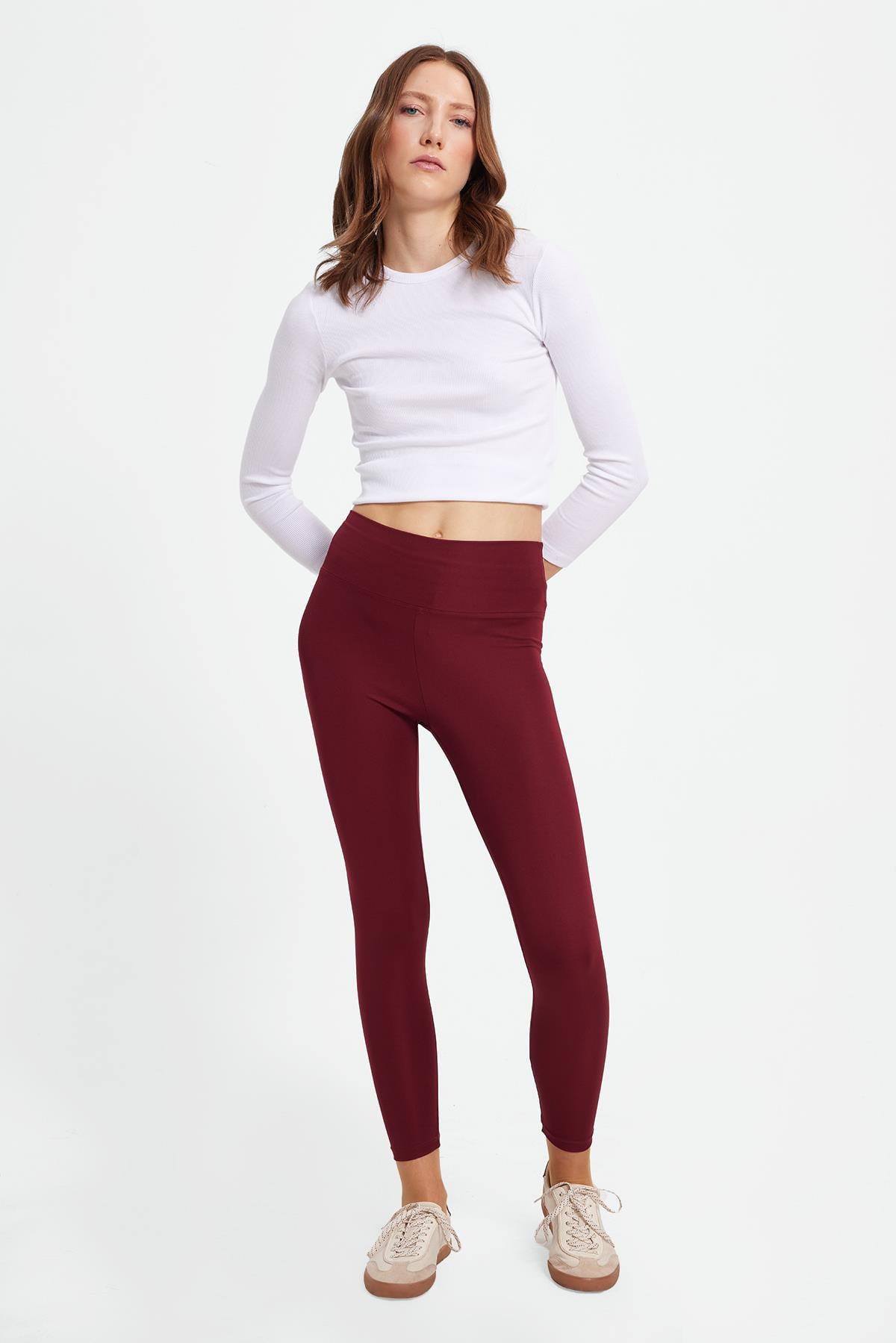 TUDORS Kadın Slim Fit Dar Kesim Scuba Kumaş Beli Lastikli Bordo Tayt görsel 5