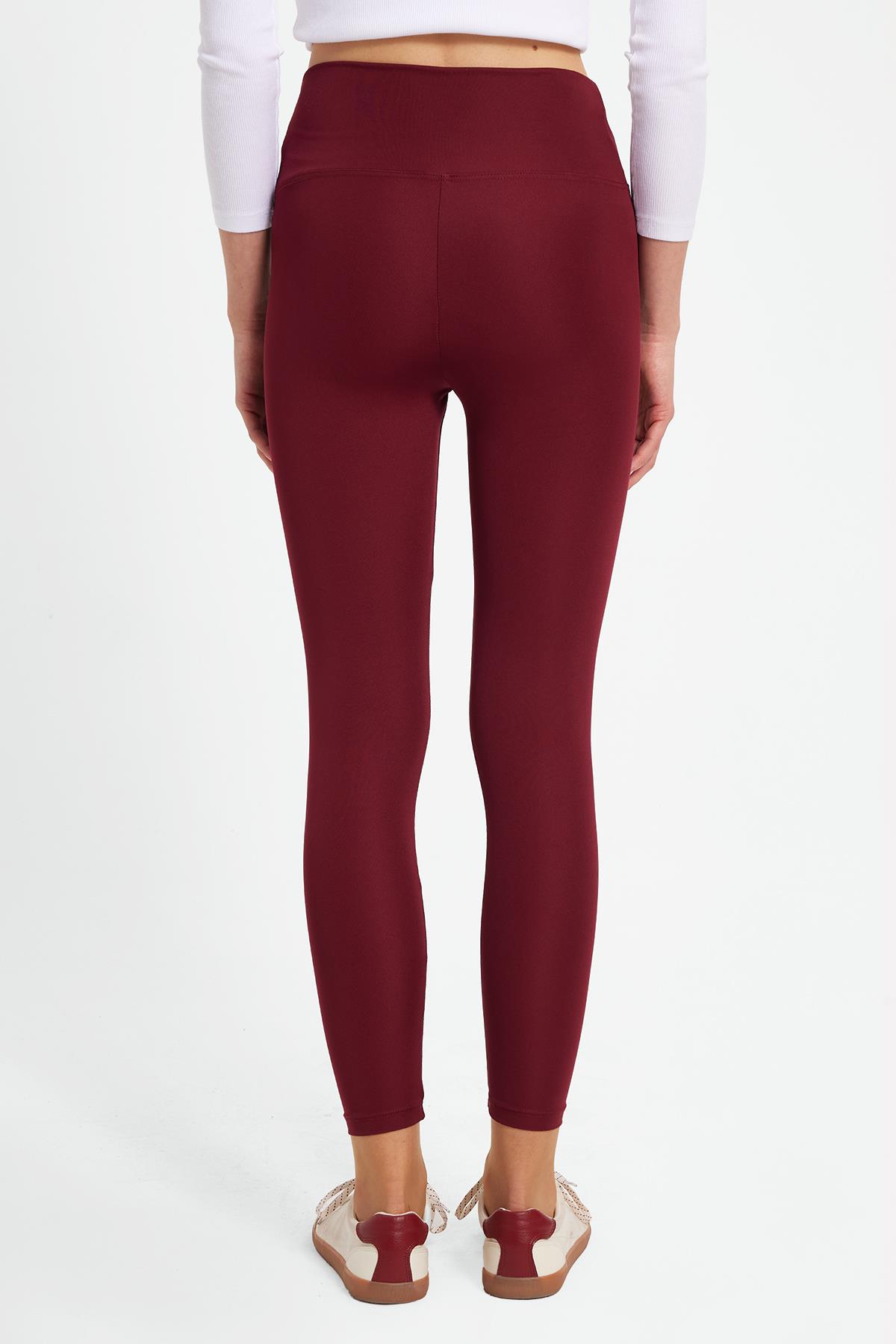 TUDORS Kadın Slim Fit Dar Kesim Scuba Kumaş Beli Lastikli Bordo Tayt görsel 6
