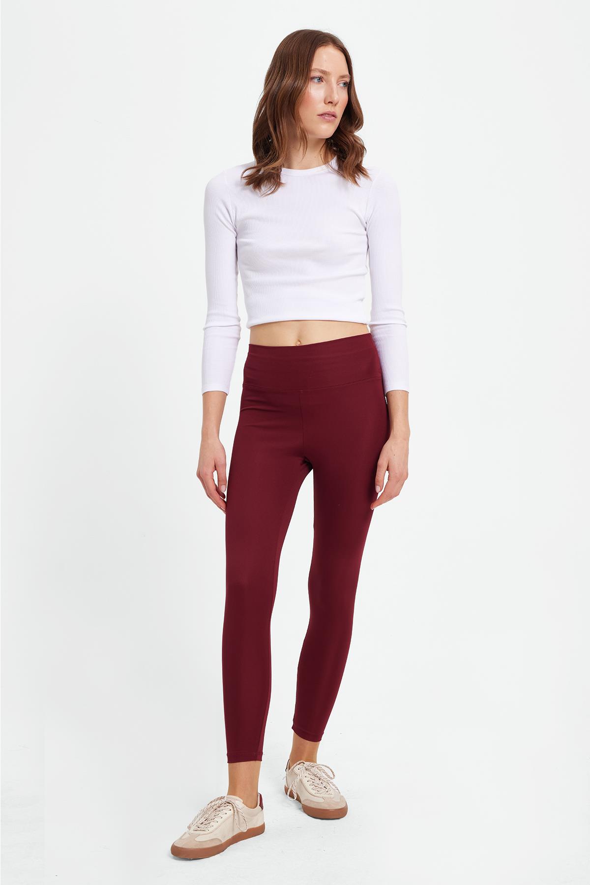 TUDORS Kadın Slim Fit Dar Kesim Scuba Kumaş Beli Lastikli Bordo Tayt görsel 7