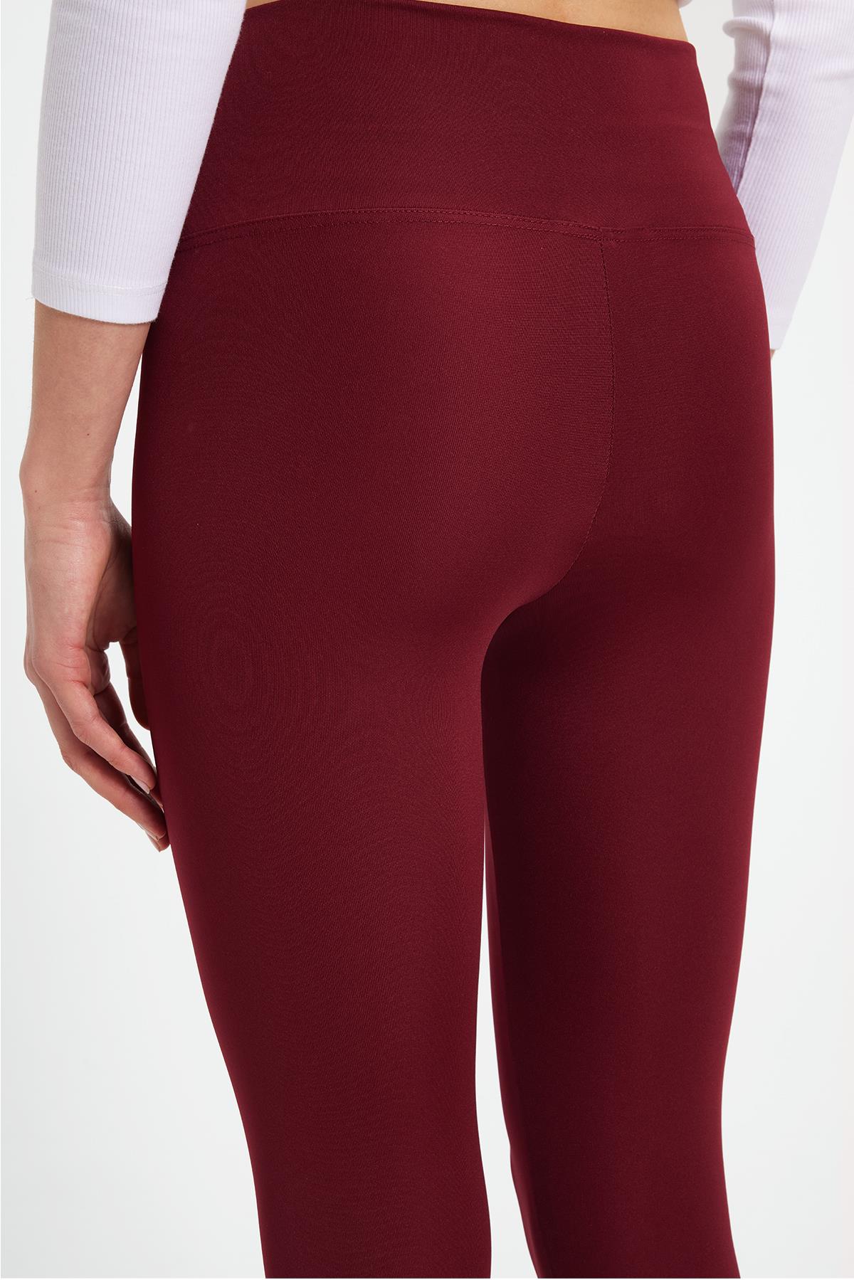 TUDORS Kadın Slim Fit Dar Kesim Scuba Kumaş Beli Lastikli Bordo Tayt görsel 8