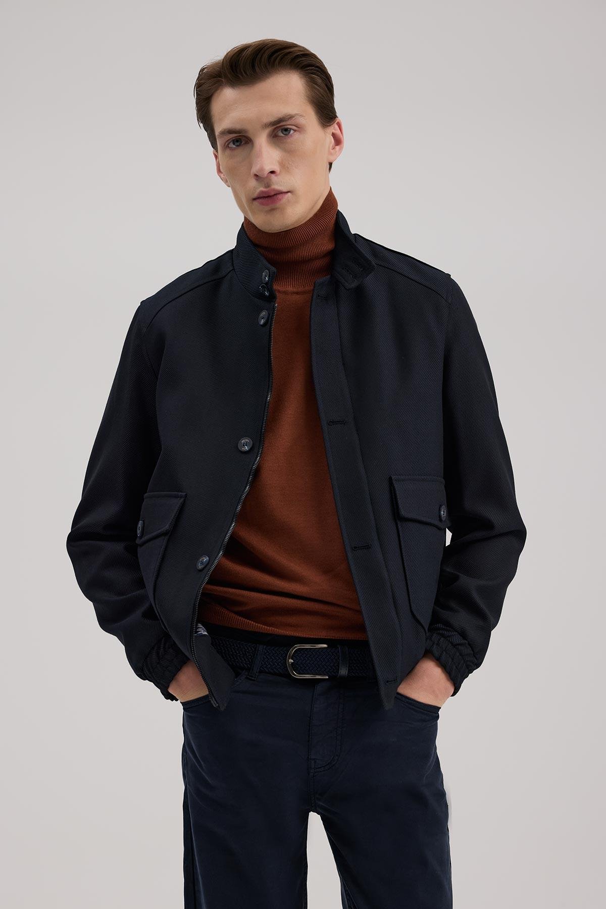 JAKAMEN Lacivert Slim Fit Mono Yaka Cepli Ceket Görünümlü Mont görsel 2