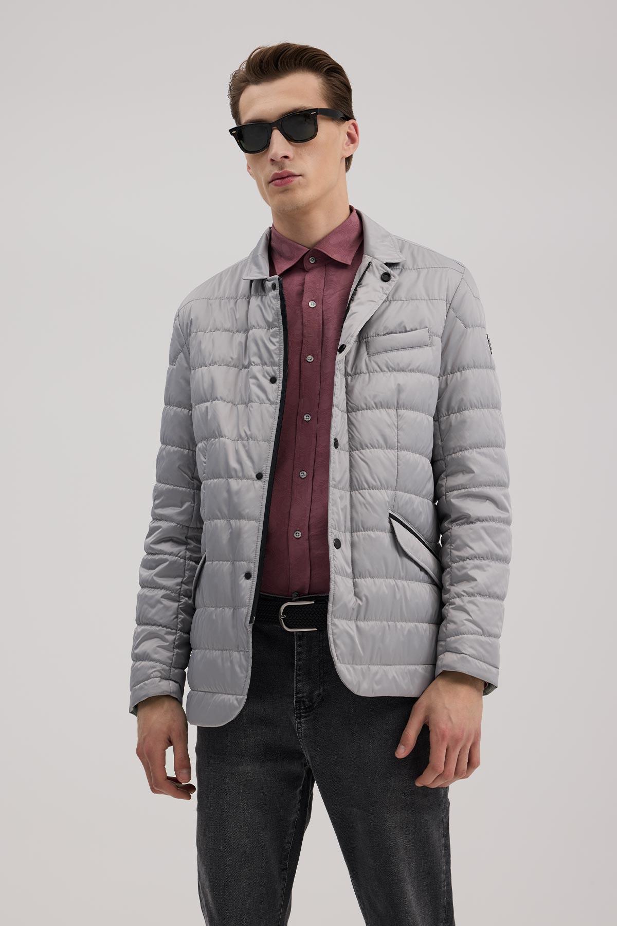 JAKAMEN Gri Comfort Fit Dik Yaka Fermuarlı Şişme Mont görsel 2