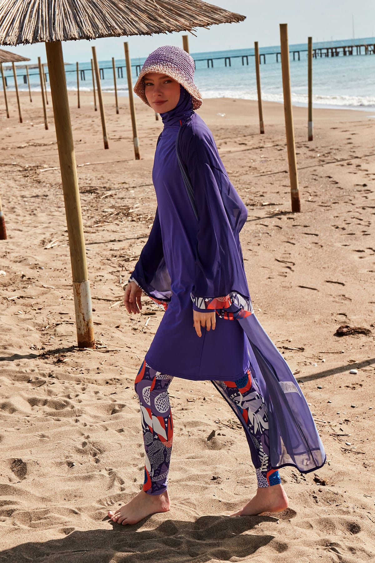 Marina Desenli Mor Kimono Kaftan P2420 görsel 2