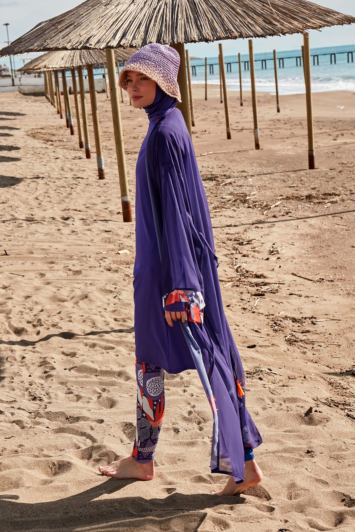 Marina Desenli Mor Kimono Kaftan P2420 görsel 3