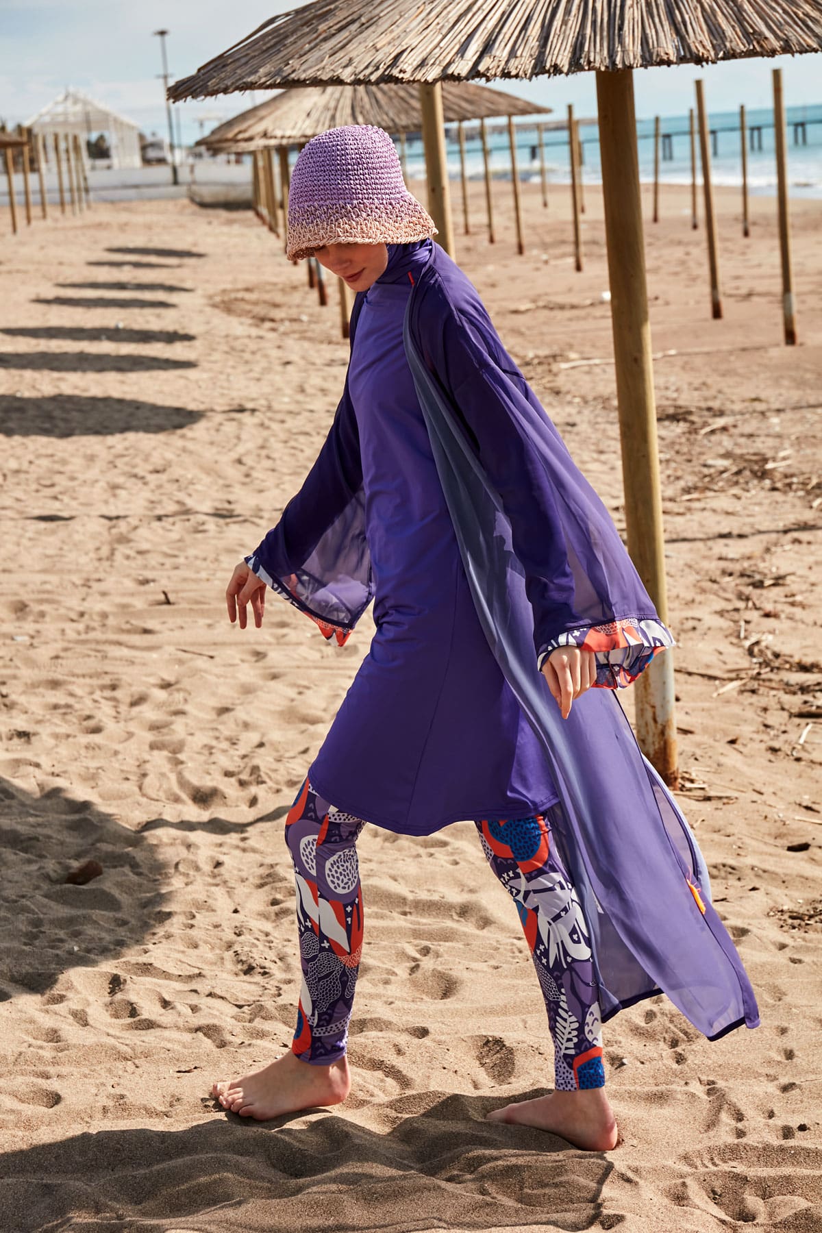 Marina Desenli Mor Kimono Kaftan P2420 görsel 4
