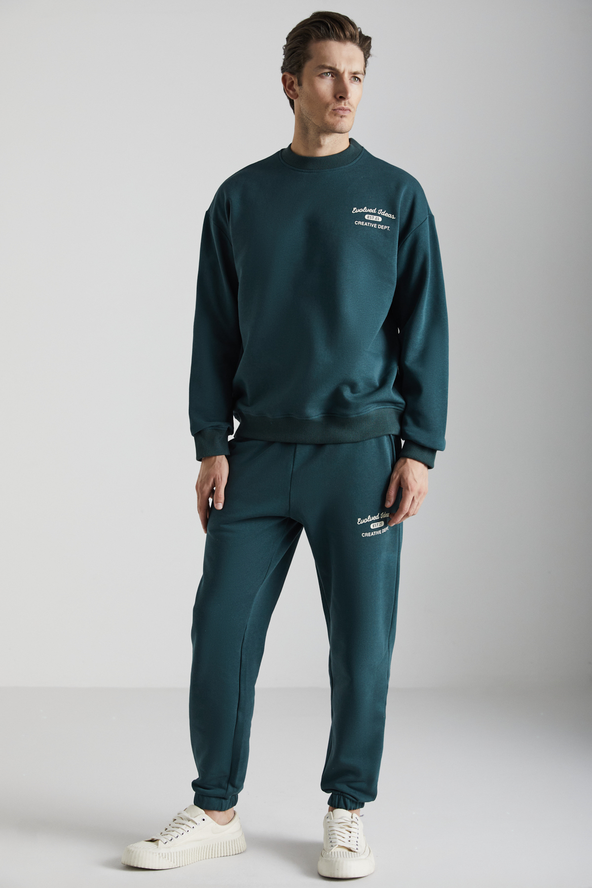 GRIMELANGE Erkek 2'Li Set Relaxed Organik Pamuk İçi Şardonlu KOYU YEŞİL Eşofman Takımı