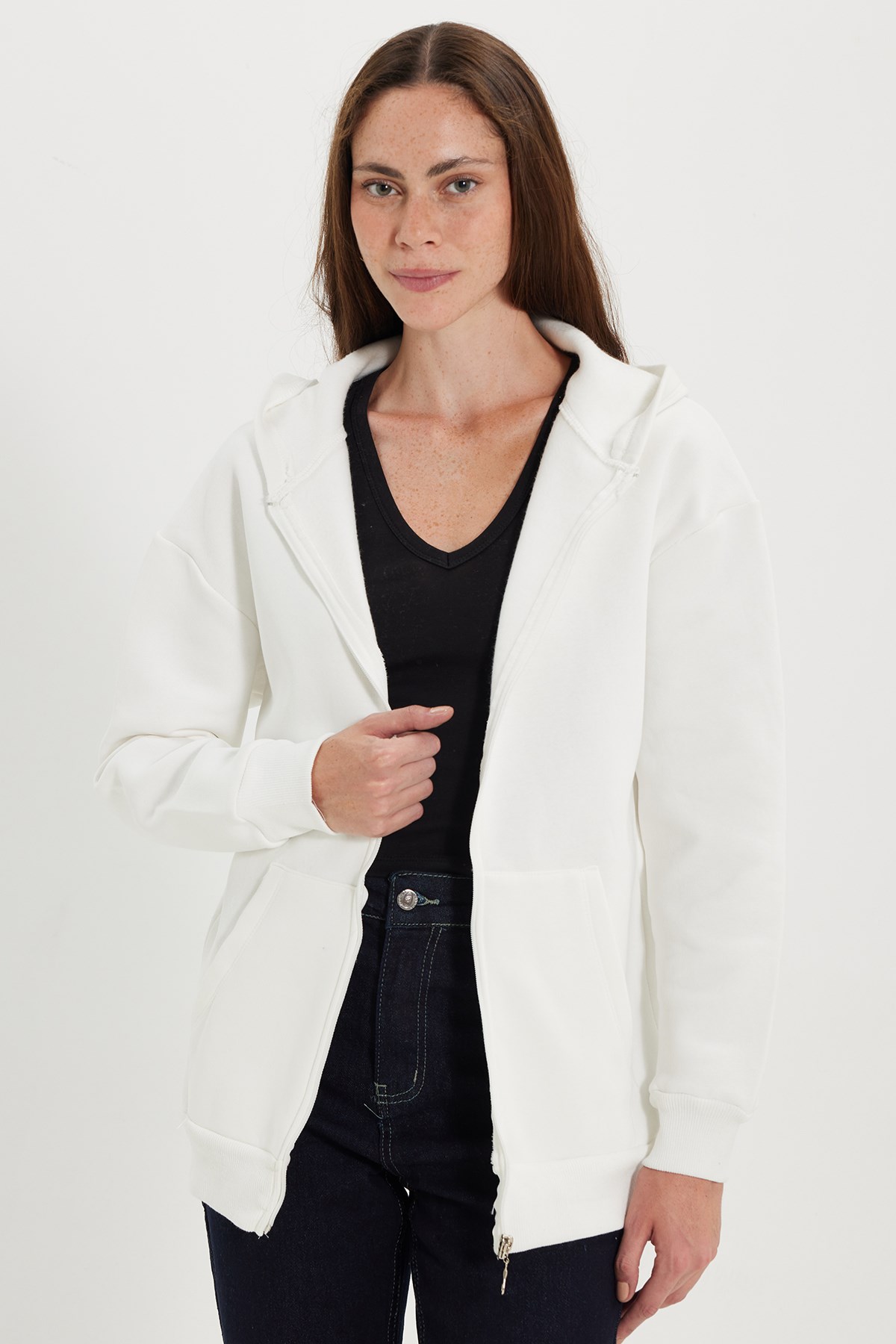 TUDORS Kadın Oversize Geniş Kesim %100 Pamuk Kapüşonlu Fermuarlı Cepli Ekru Sweatshirt