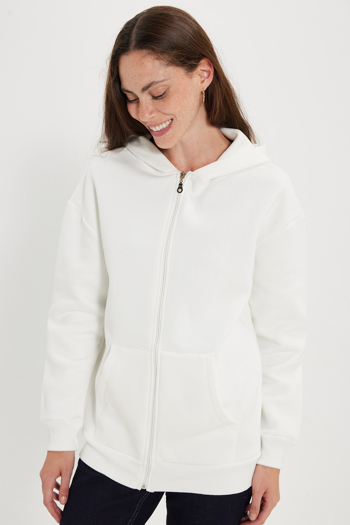 TUDORS Kadın Oversize Geniş Kesim %100 Pamuk Kapüşonlu Fermuarlı Cepli Ekru Sweatshirt görsel 4