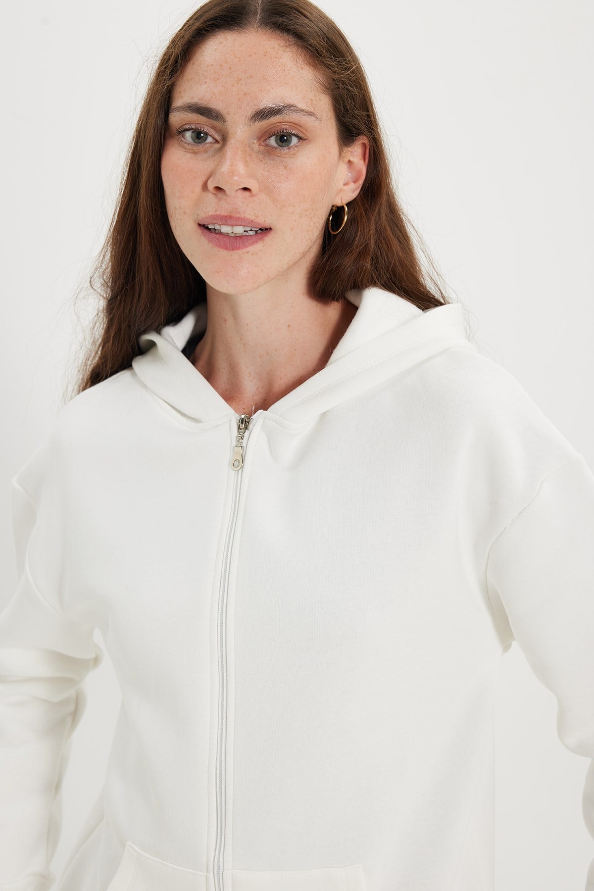 TUDORS Kadın Oversize Geniş Kesim %100 Pamuk Kapüşonlu Fermuarlı Cepli Ekru Sweatshirt görsel 5