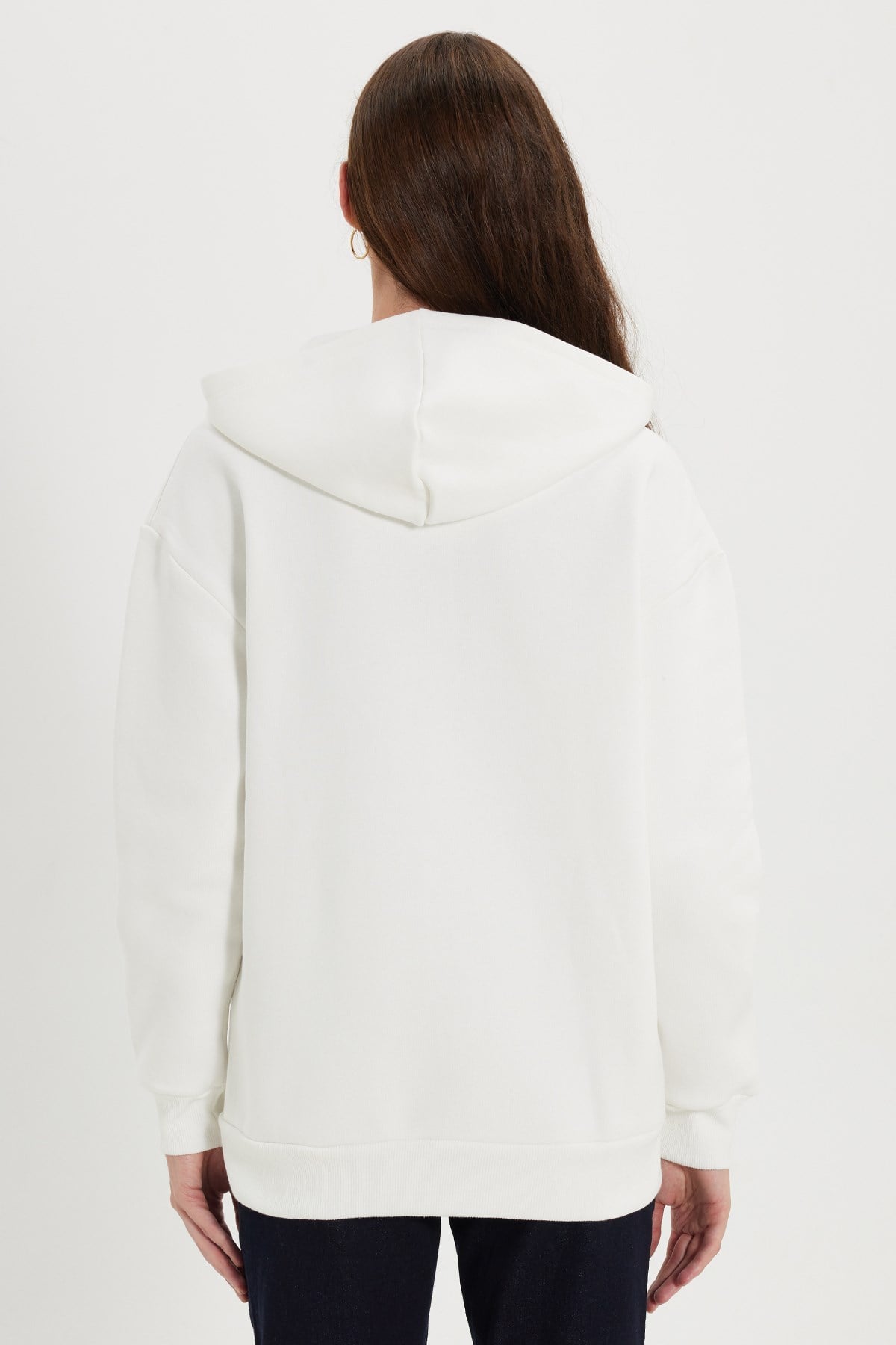 TUDORS Kadın Oversize Geniş Kesim %100 Pamuk Kapüşonlu Fermuarlı Cepli Ekru Sweatshirt görsel 8