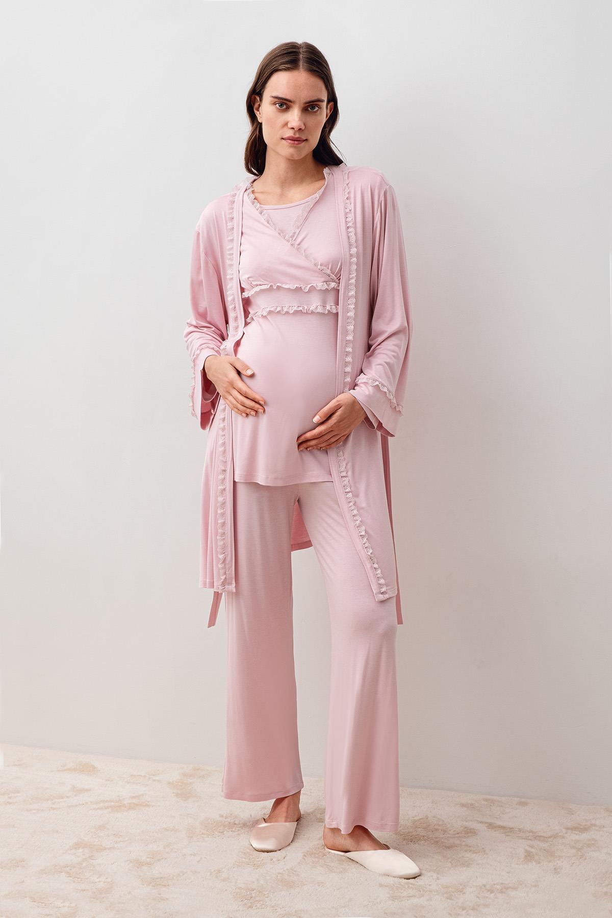 Artış Uzun Kollu Dantelli Elastanlı Viskoz Hamile Sabahlık Pijama Takım 20300