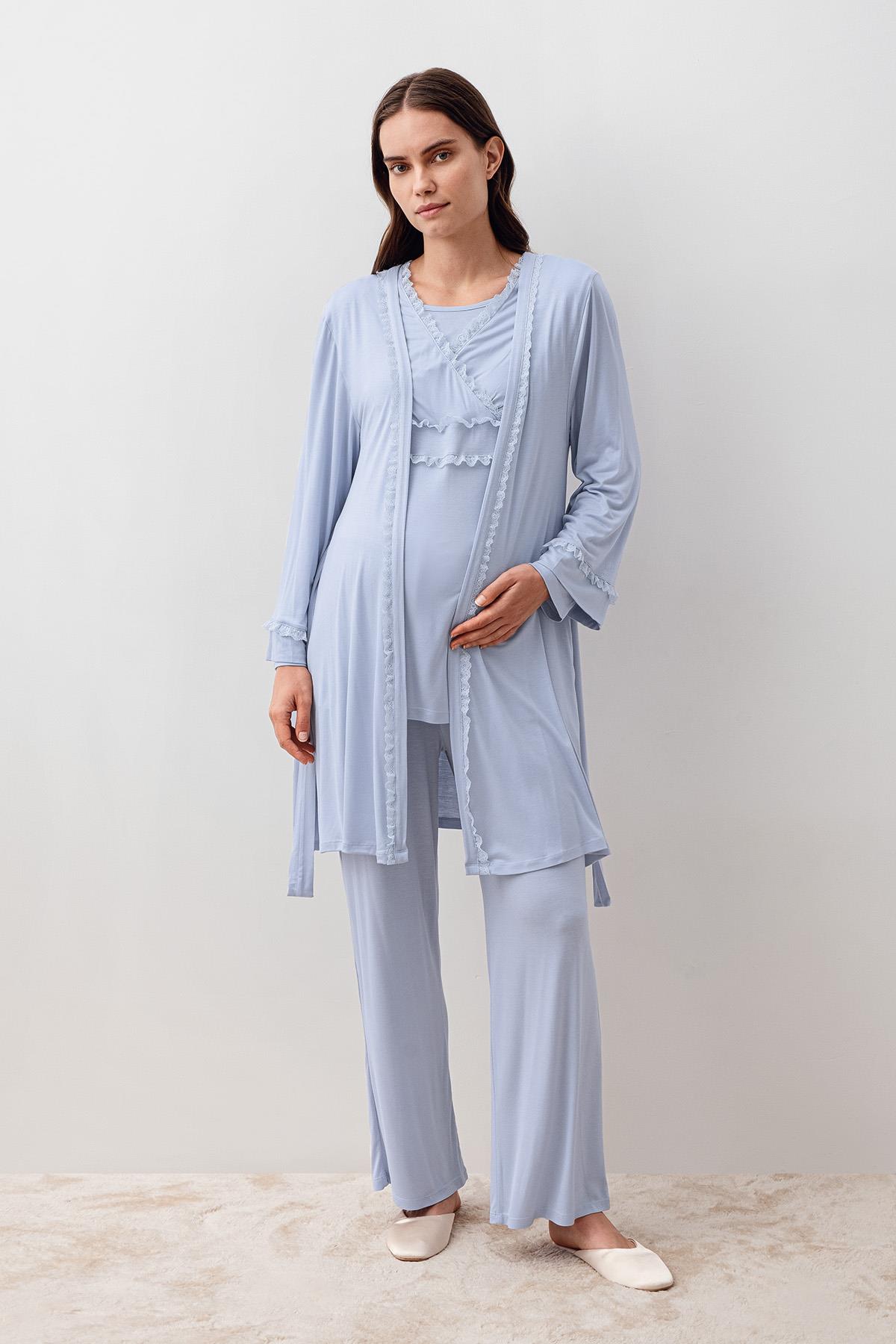 Artış Uzun Kollu Dantelli Elastanlı Viskoz Hamile Sabahlık Pijama Takım 20300