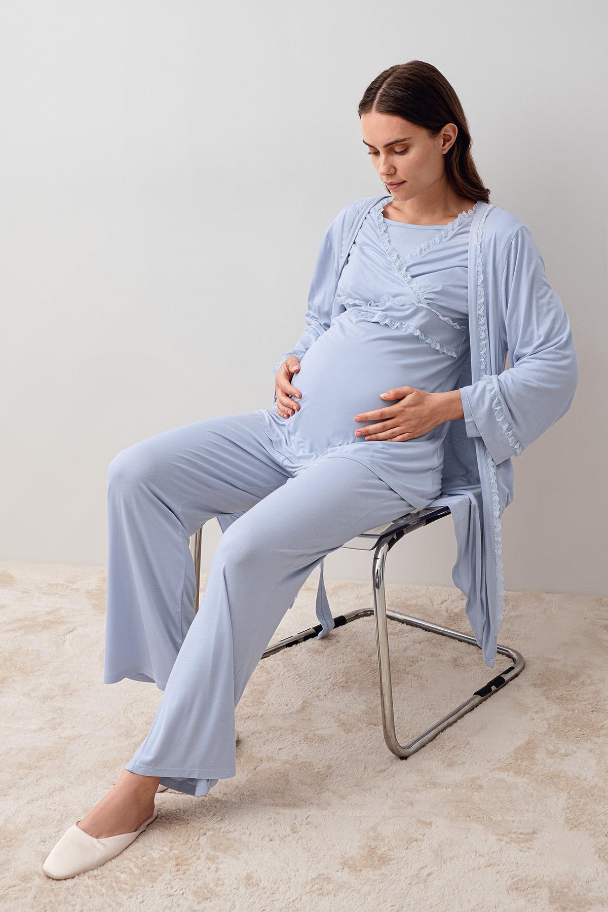Artış Uzun Kollu Dantelli Elastanlı Viskoz Hamile Sabahlık Pijama Takım 20300 görsel 2