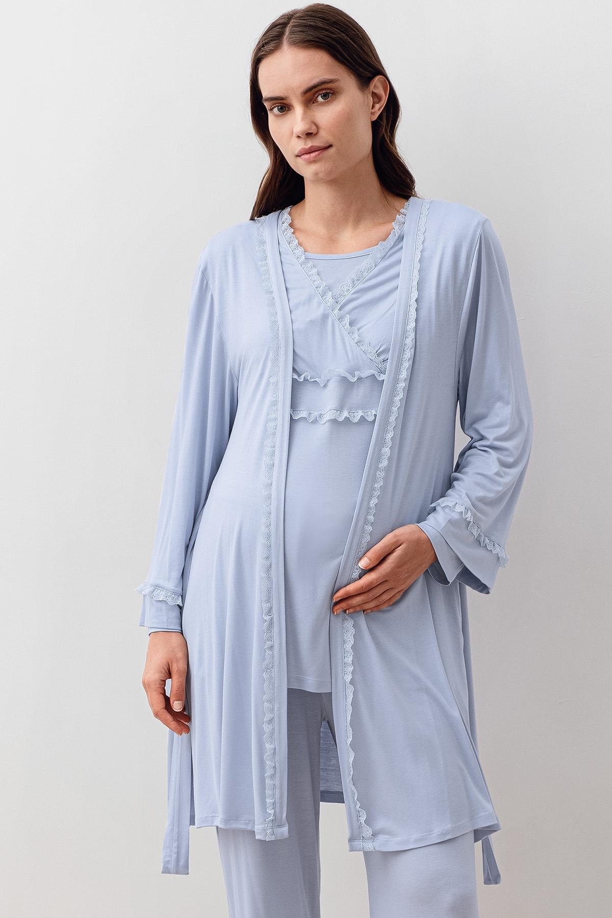 Artış Uzun Kollu Dantelli Elastanlı Viskoz Hamile Sabahlık Pijama Takım 20300 görsel 3