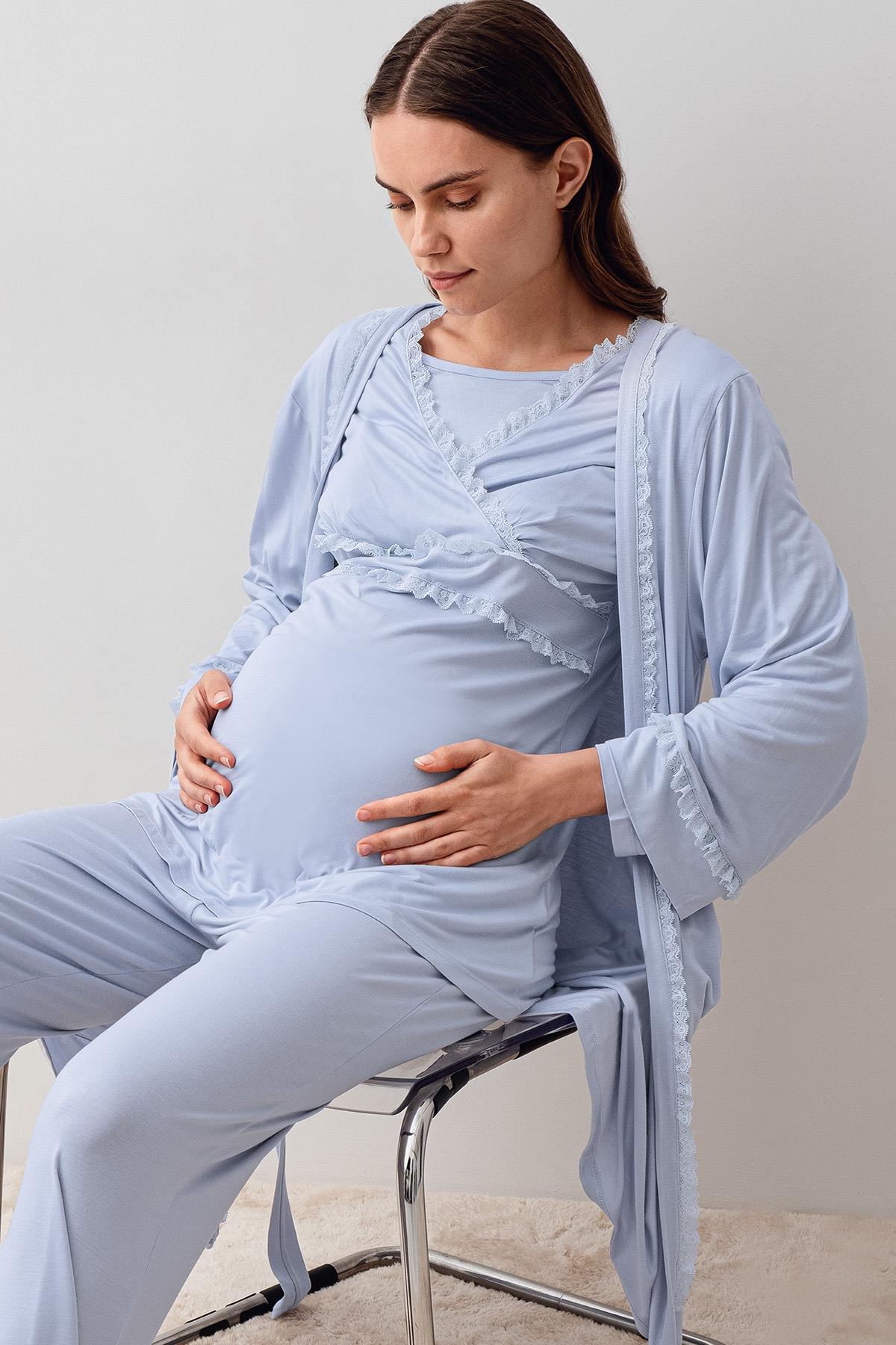 Artış Uzun Kollu Dantelli Elastanlı Viskoz Hamile Sabahlık Pijama Takım 20300 görsel 4