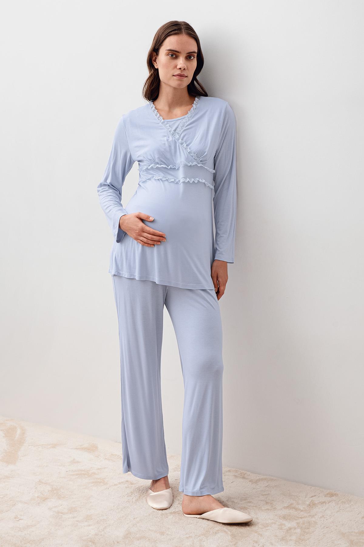 Artış Uzun Kollu Dantelli Elastanlı Viskoz Hamile Sabahlık Pijama Takım 20300 görsel 6