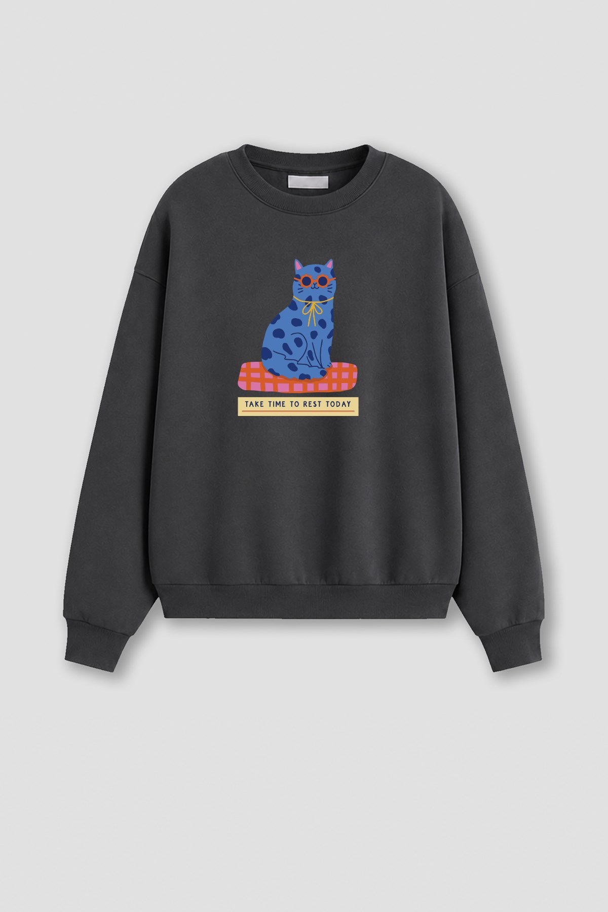 Monila Kadın Premium Kumaş 3 İplik Şardonlu Kedi Baskılı Sweatshirt