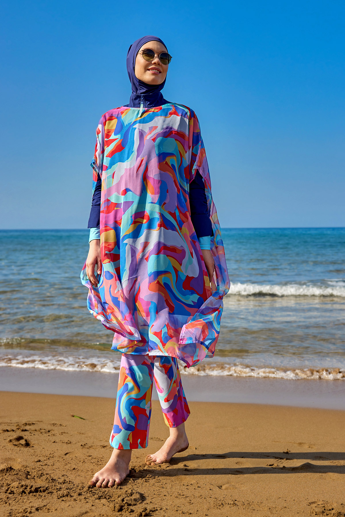 Marina Renkli Desenli İpeksi Kimono Pareo P2505 görsel 2