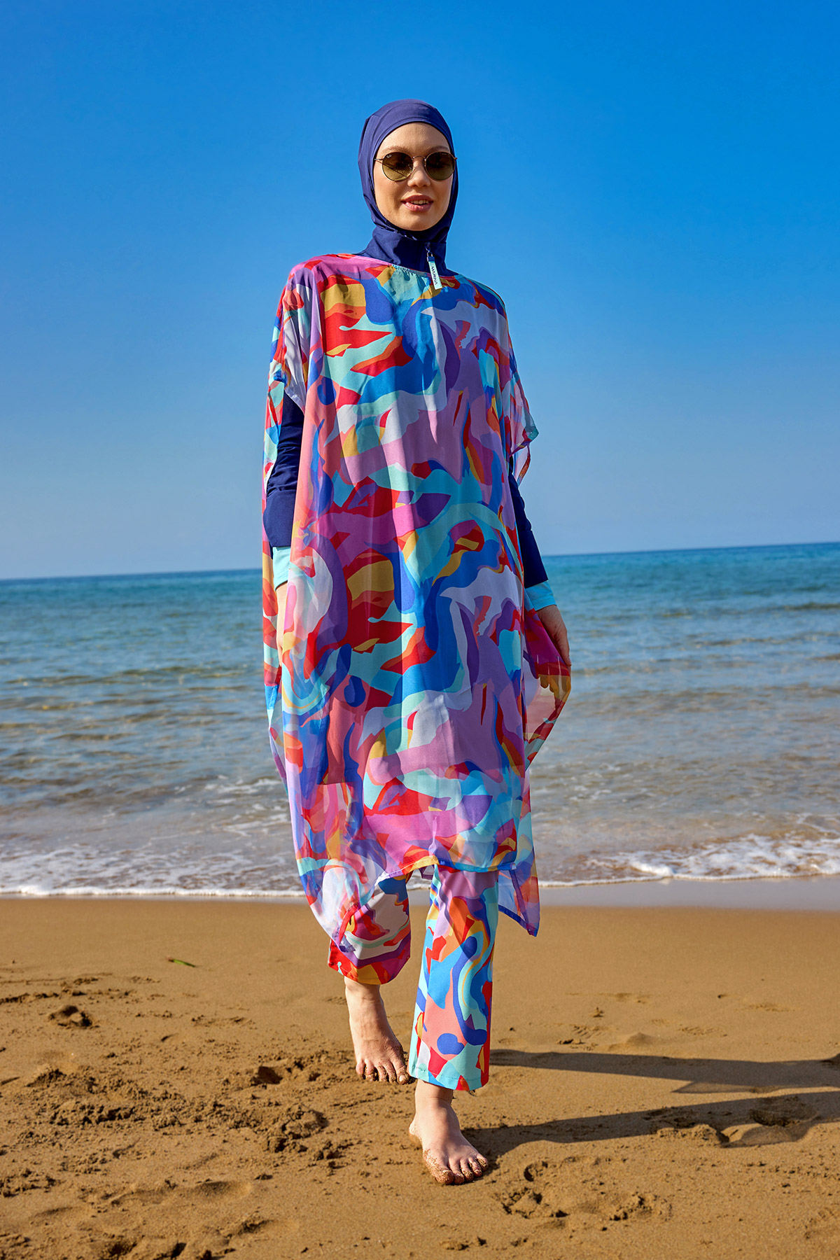 Marina Renkli Desenli İpeksi Kimono Pareo P2505 görsel 4