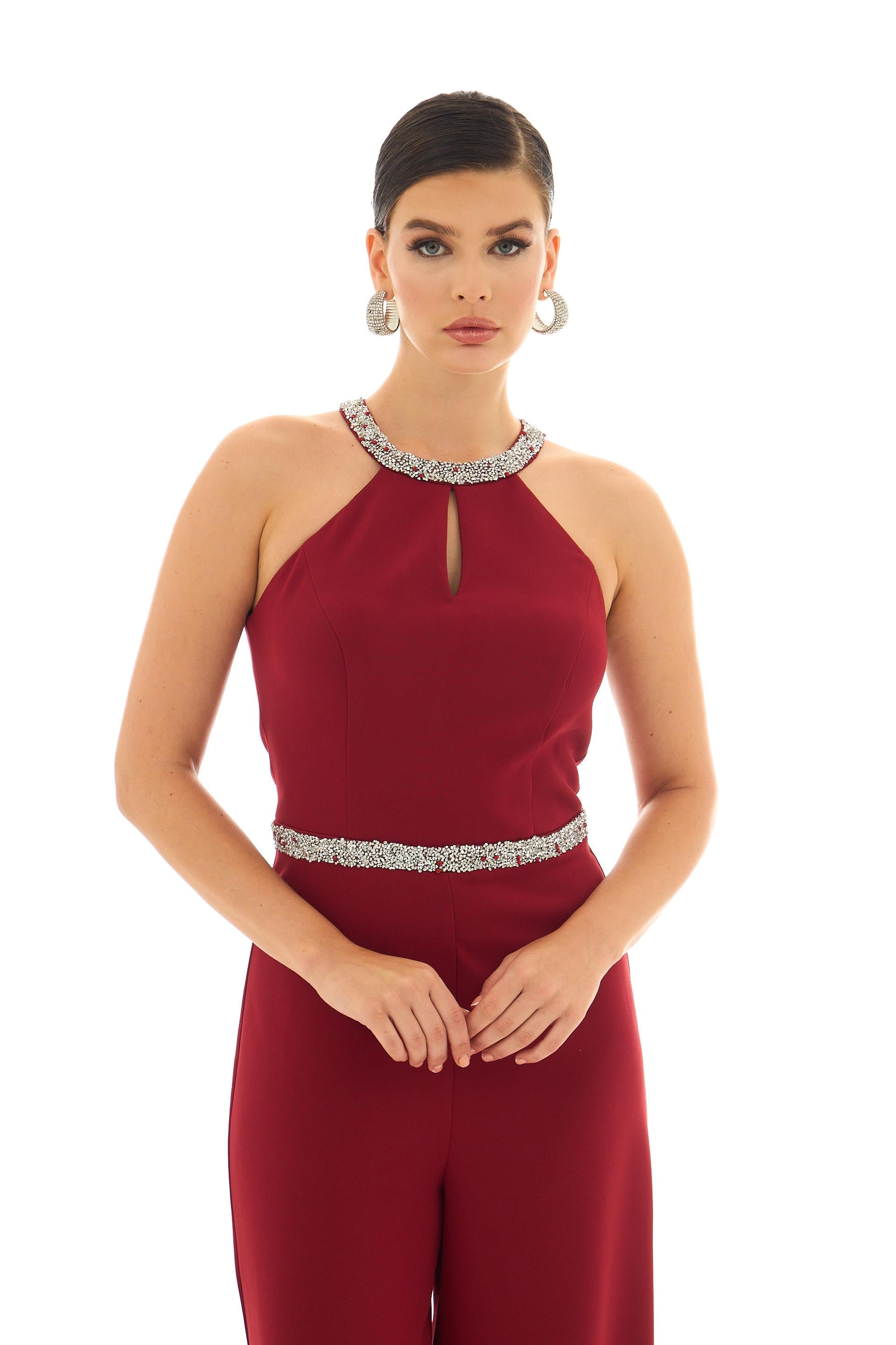 CARMEN Bordo Yakası Beli Taşlı Tulum görsel 2