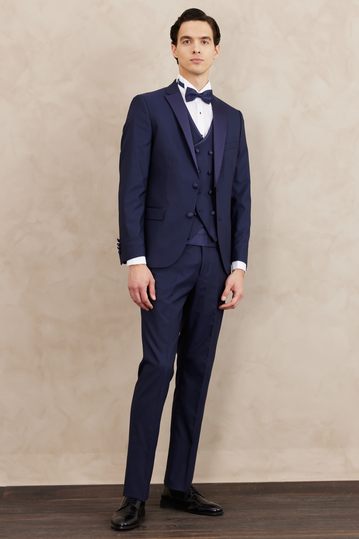 Altınyıldız Classics Erkek Lacivert Slim Fit Dar Kesim Mono Yaka Desenli Yelekli Smokin Takım