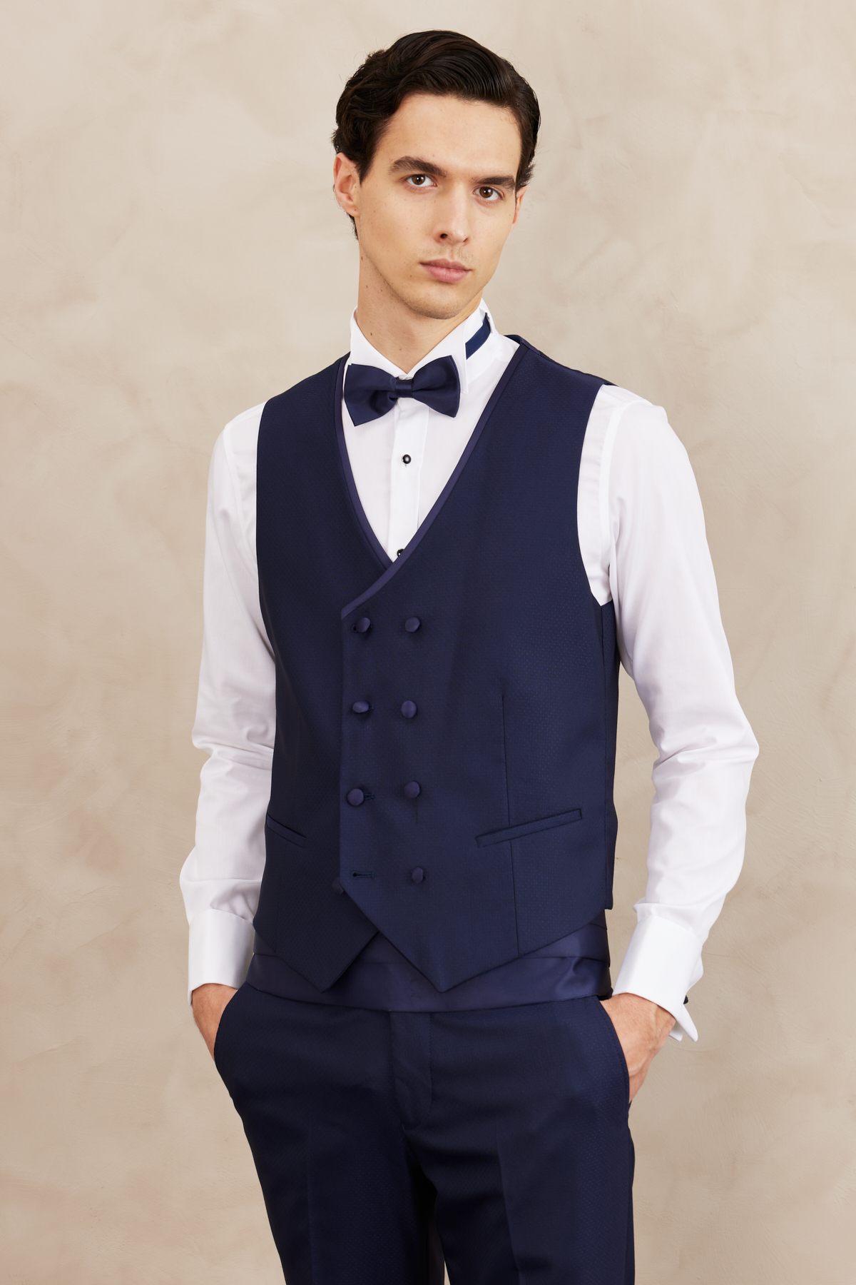 Altınyıldız Classics Erkek Lacivert Slim Fit Dar Kesim Mono Yaka Desenli Yelekli Smokin Takım görsel 3