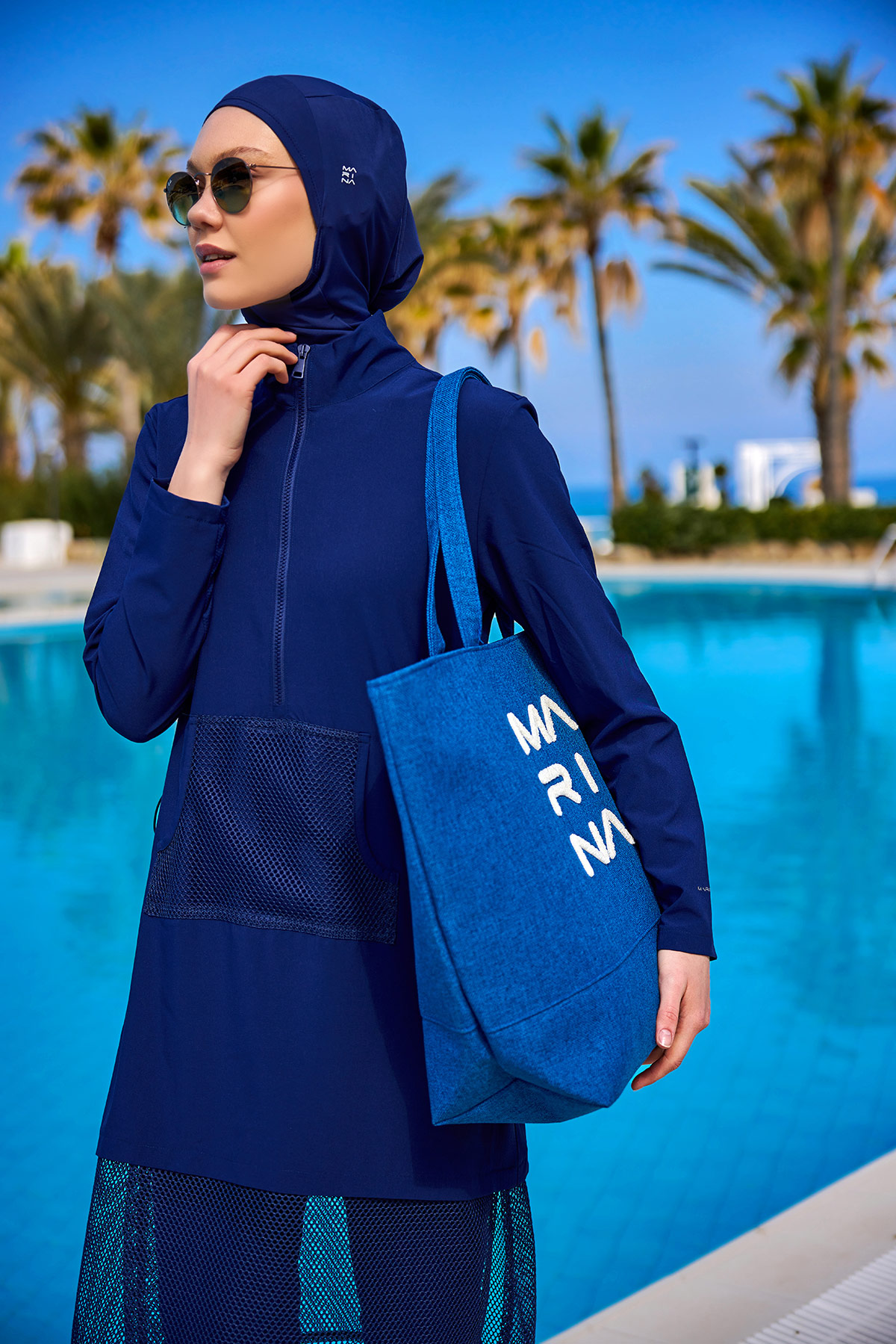 Marina Tam Kapalı Tesettür Mayo M2508-2 Lacivert görsel 3