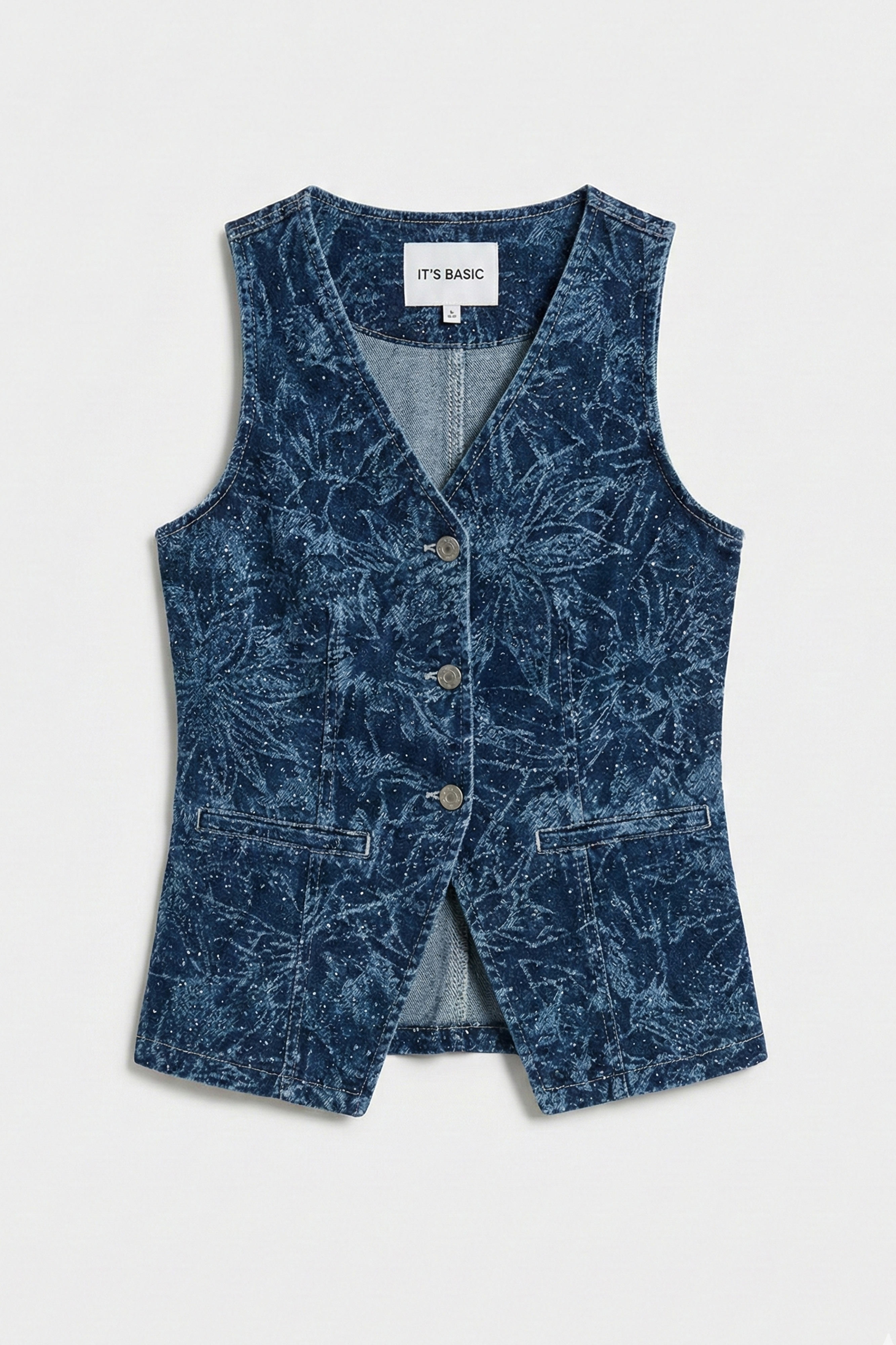 It's Basic Kadın Mavi 1s6-7 Önü Düğmeli Çiçek Desenli Parlak Taşlı Tasarım Denim Yelek