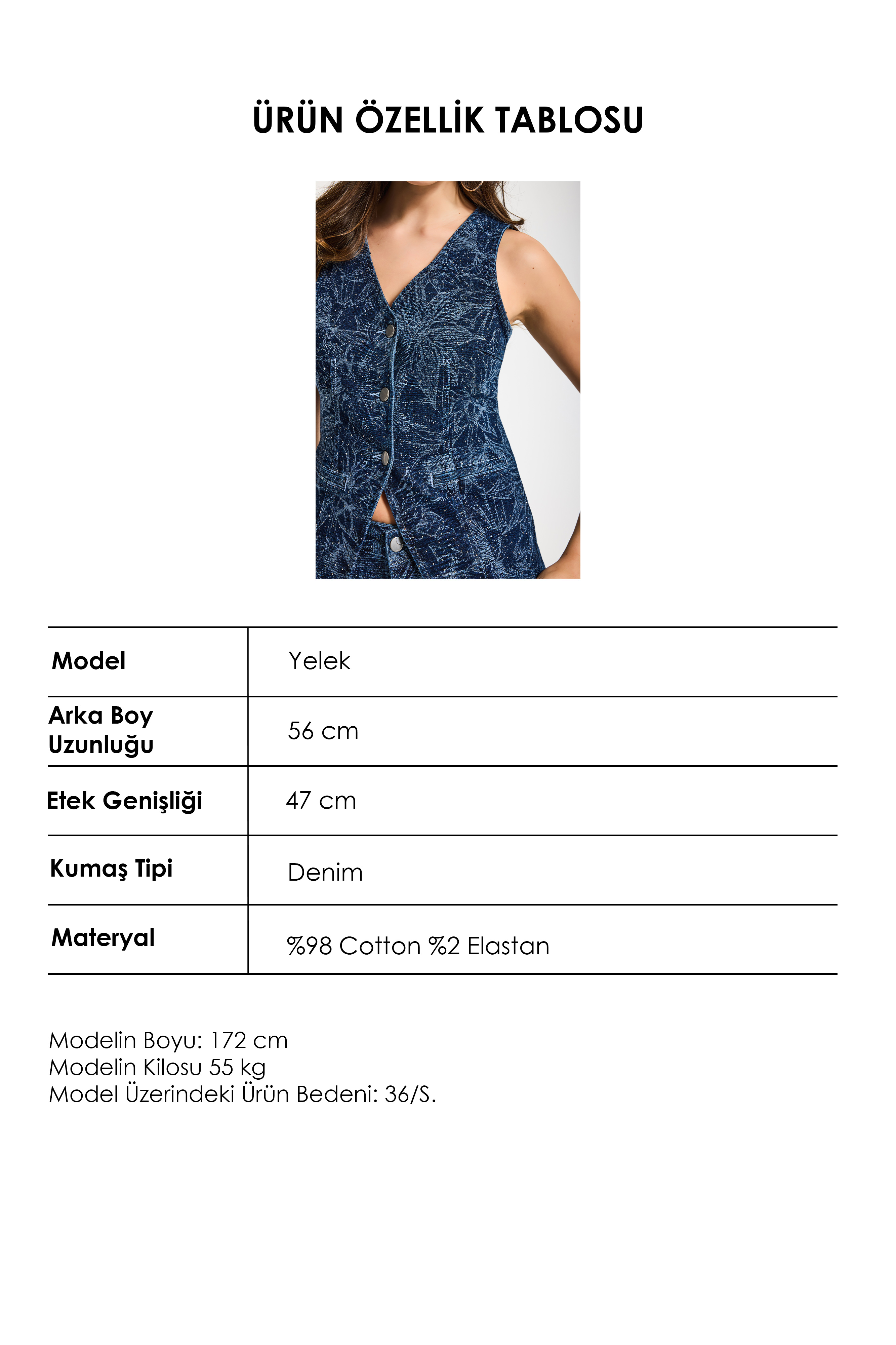 It's Basic Kadın Mavi 1s6-7 Önü Düğmeli Çiçek Desenli Parlak Taşlı Tasarım Denim Yelek görsel 5