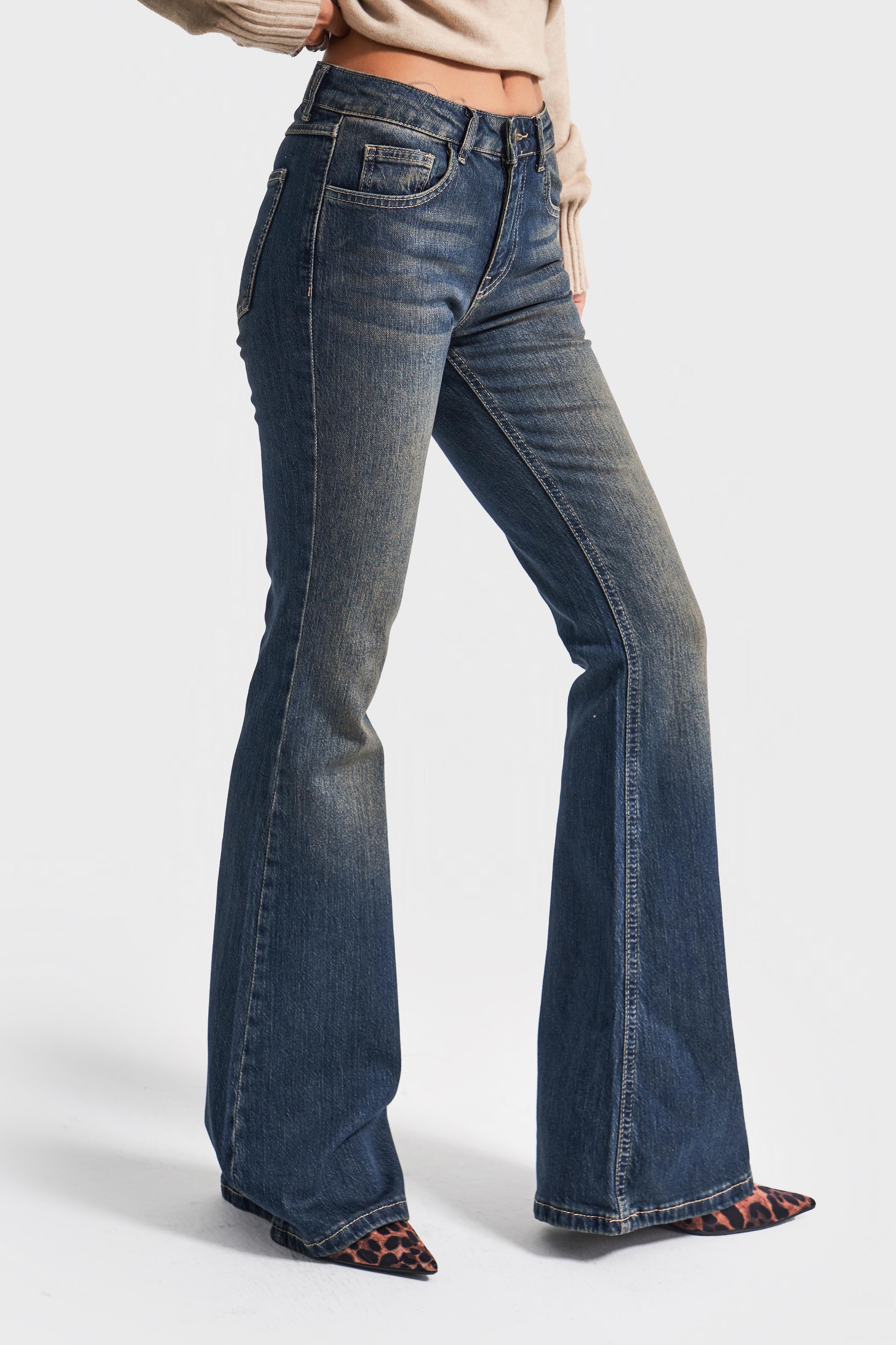 It's Basic Kadın T.Kot Rengi 2w5-8 Mid Rise Flare Fit İç Boy 83cm Esnek Kumaş Denim Jean