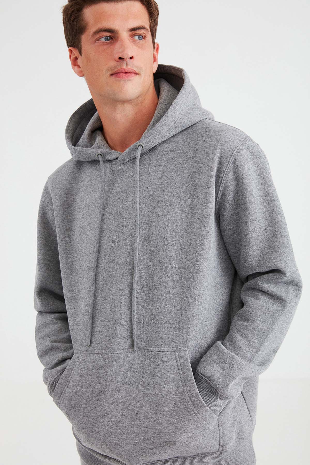 GRIMELANGE Erkek Yumuşacık Kapüşonlu Organik Pamuk Kanguru Cepli Regular AÇIK GRİ Sweatshirt