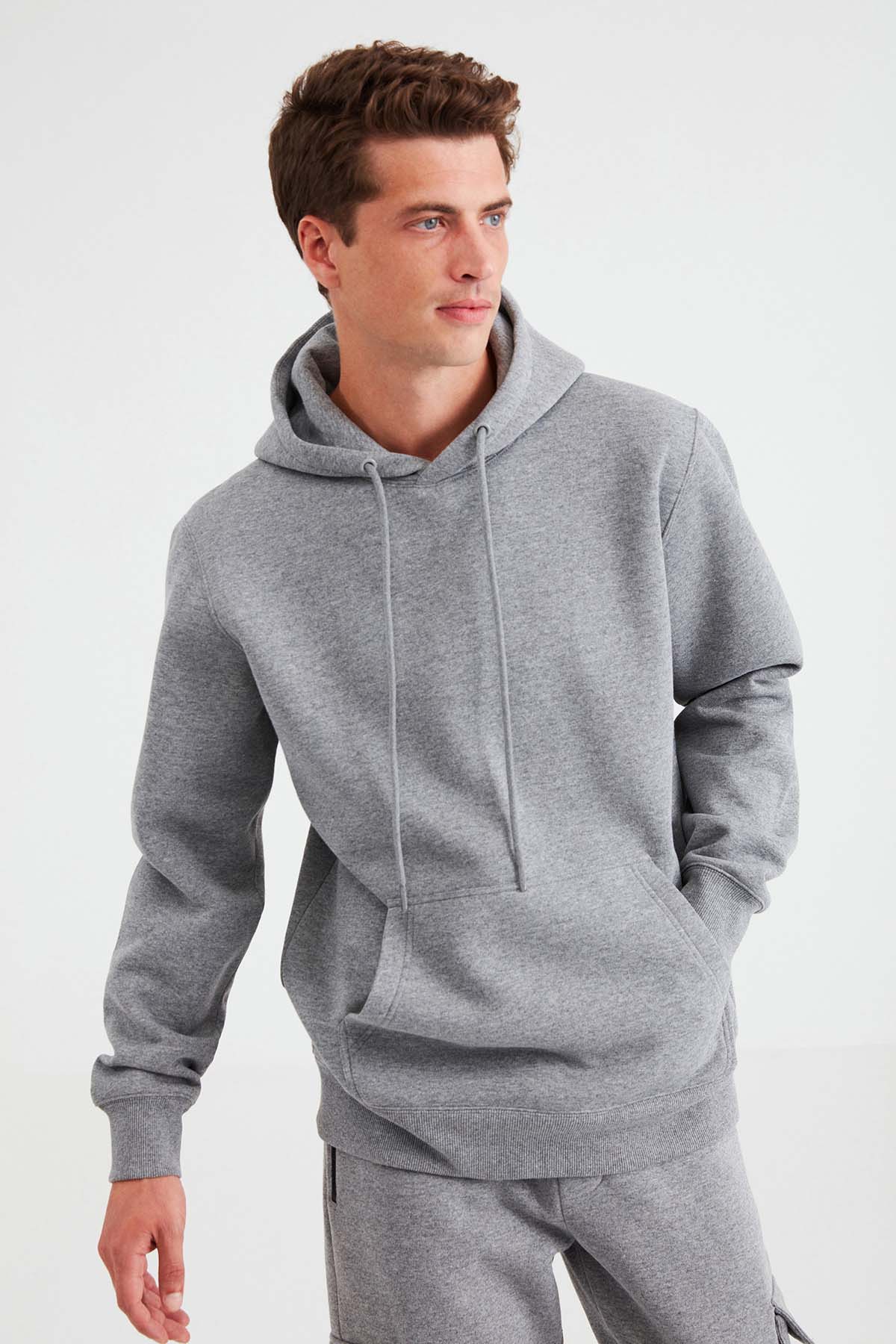 GRIMELANGE Erkek Yumuşacık Kapüşonlu Organik Pamuk Kanguru Cepli Regular AÇIK GRİ Sweatshirt görsel 2