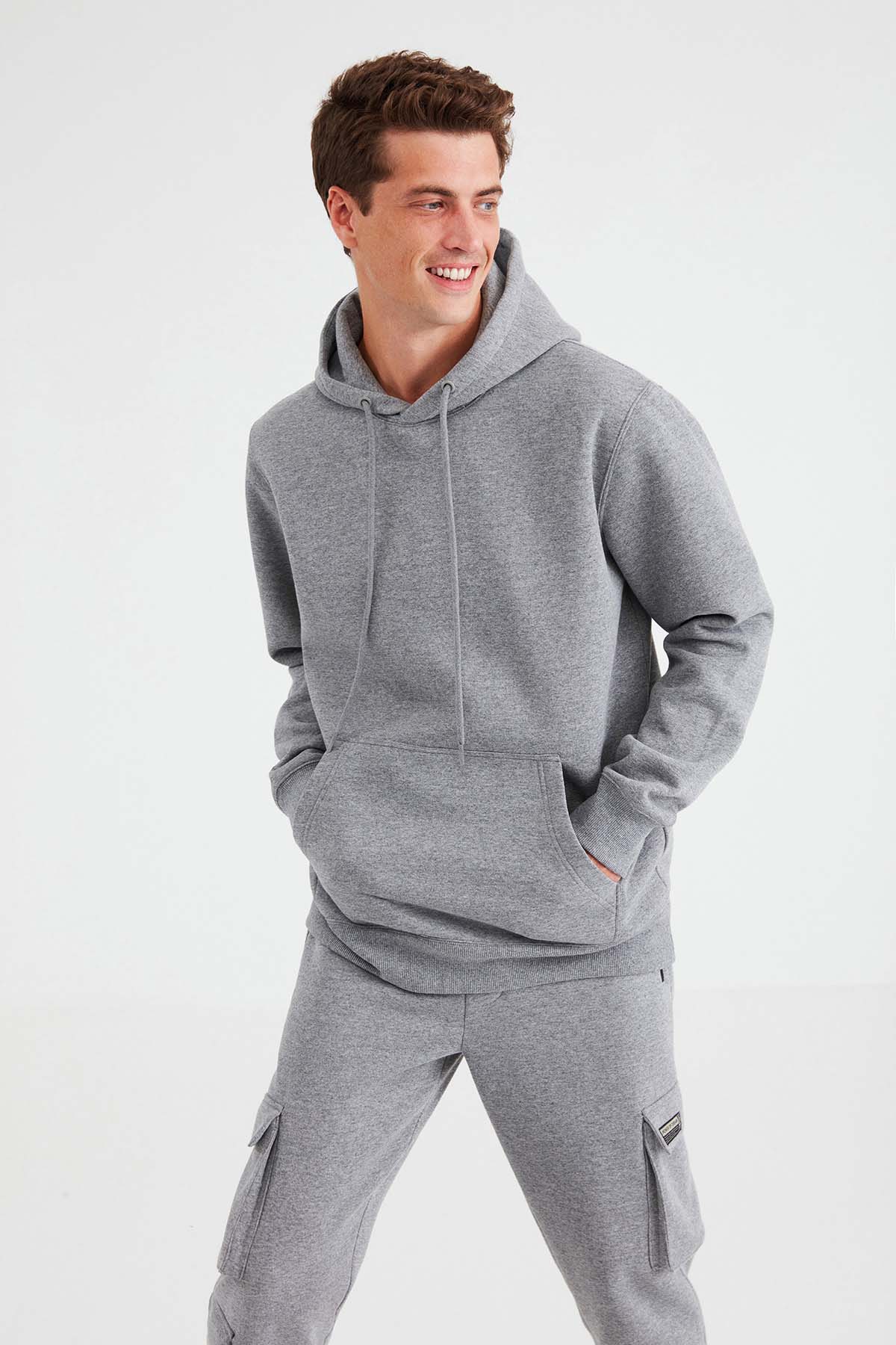 GRIMELANGE Erkek Yumuşacık Kapüşonlu Organik Pamuk Kanguru Cepli Regular AÇIK GRİ Sweatshirt görsel 3