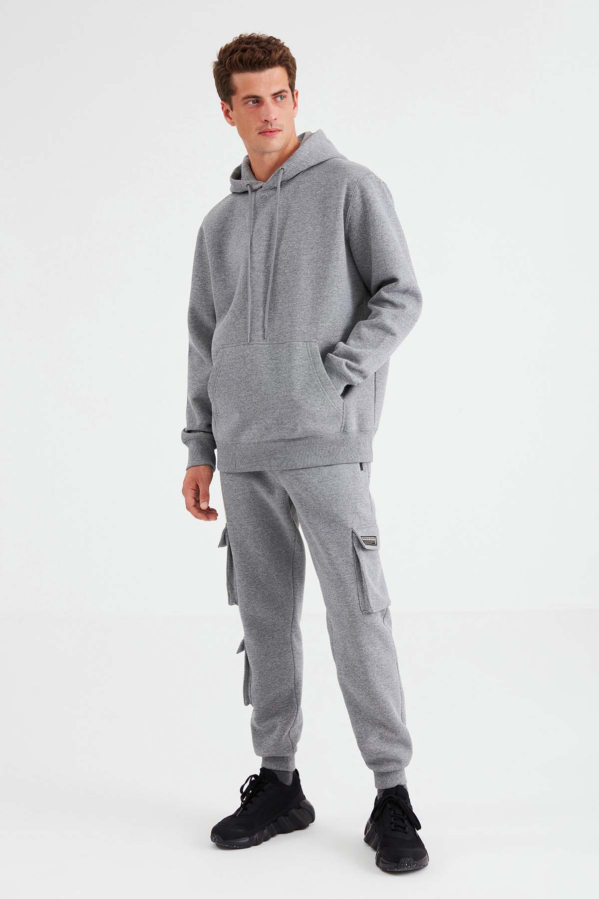 GRIMELANGE Erkek Yumuşacık Kapüşonlu Organik Pamuk Kanguru Cepli Regular AÇIK GRİ Sweatshirt görsel 4