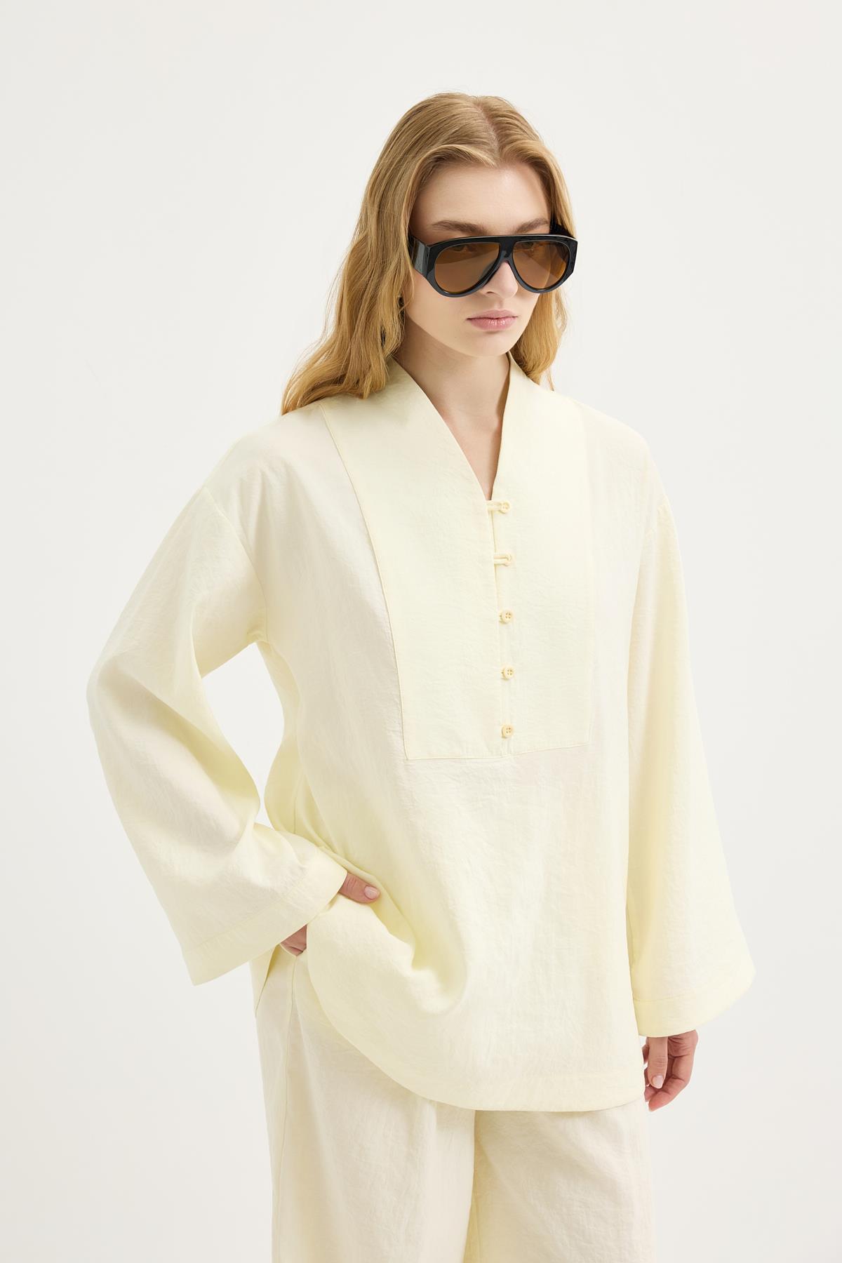 Kadriye Baştürk Britli Oversize Tunik Pantolon Takım Sarı görsel 2