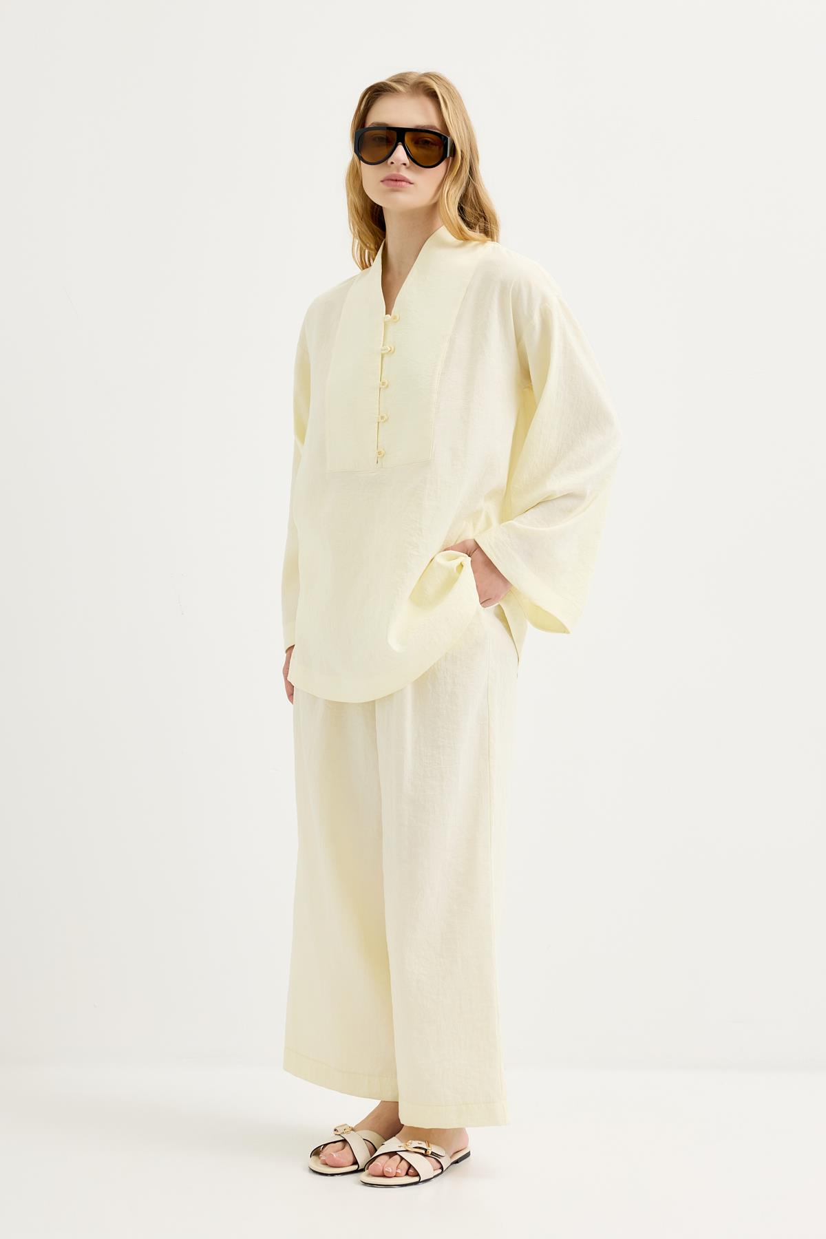 Kadriye Baştürk Britli Oversize Tunik Pantolon Takım Sarı görsel 3