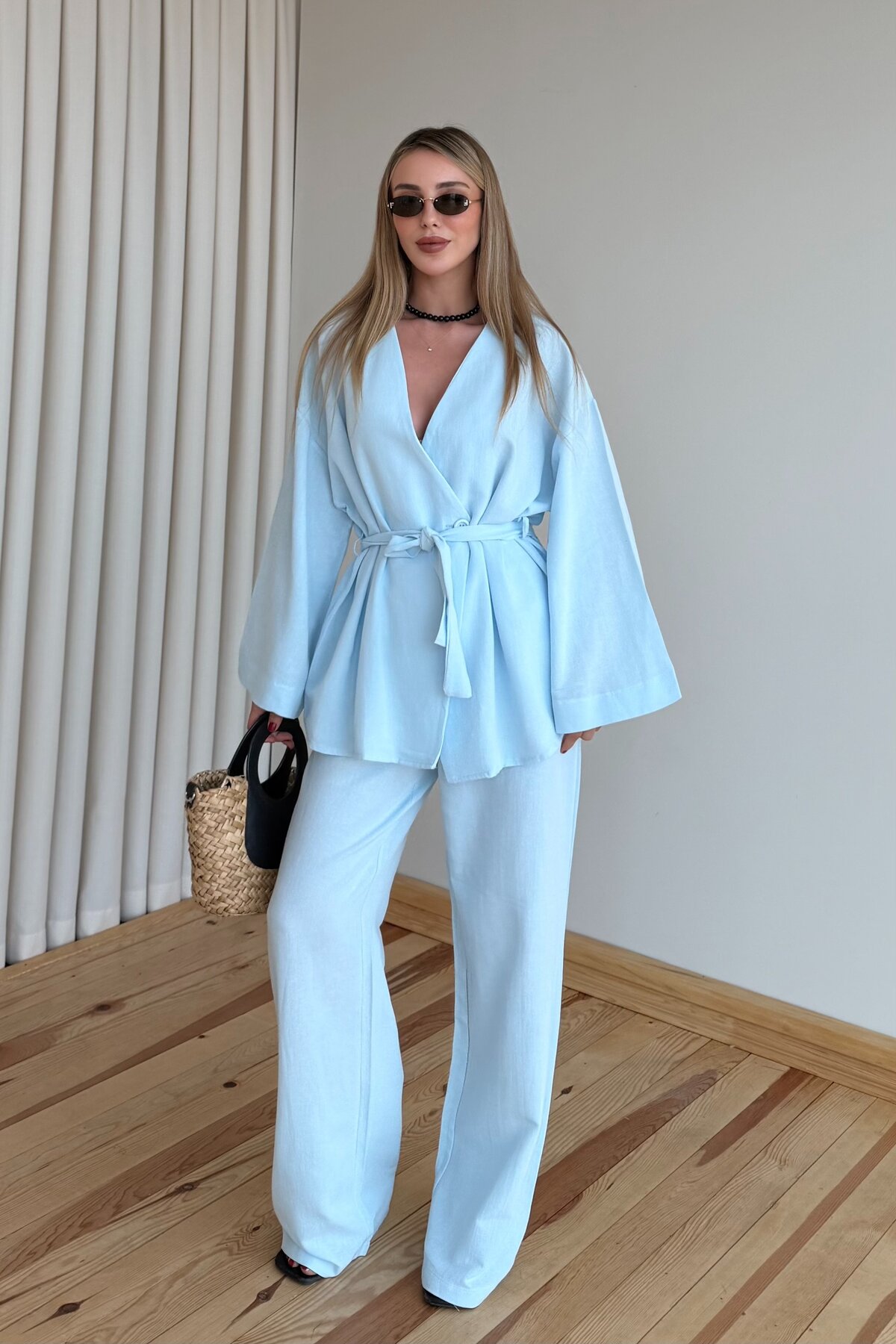Laluvia Mavi Pamuklu Kimono Takım