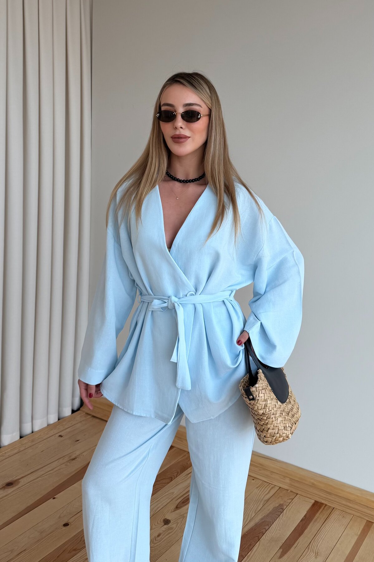 Laluvia Mavi Pamuklu Kimono Takım görsel 5