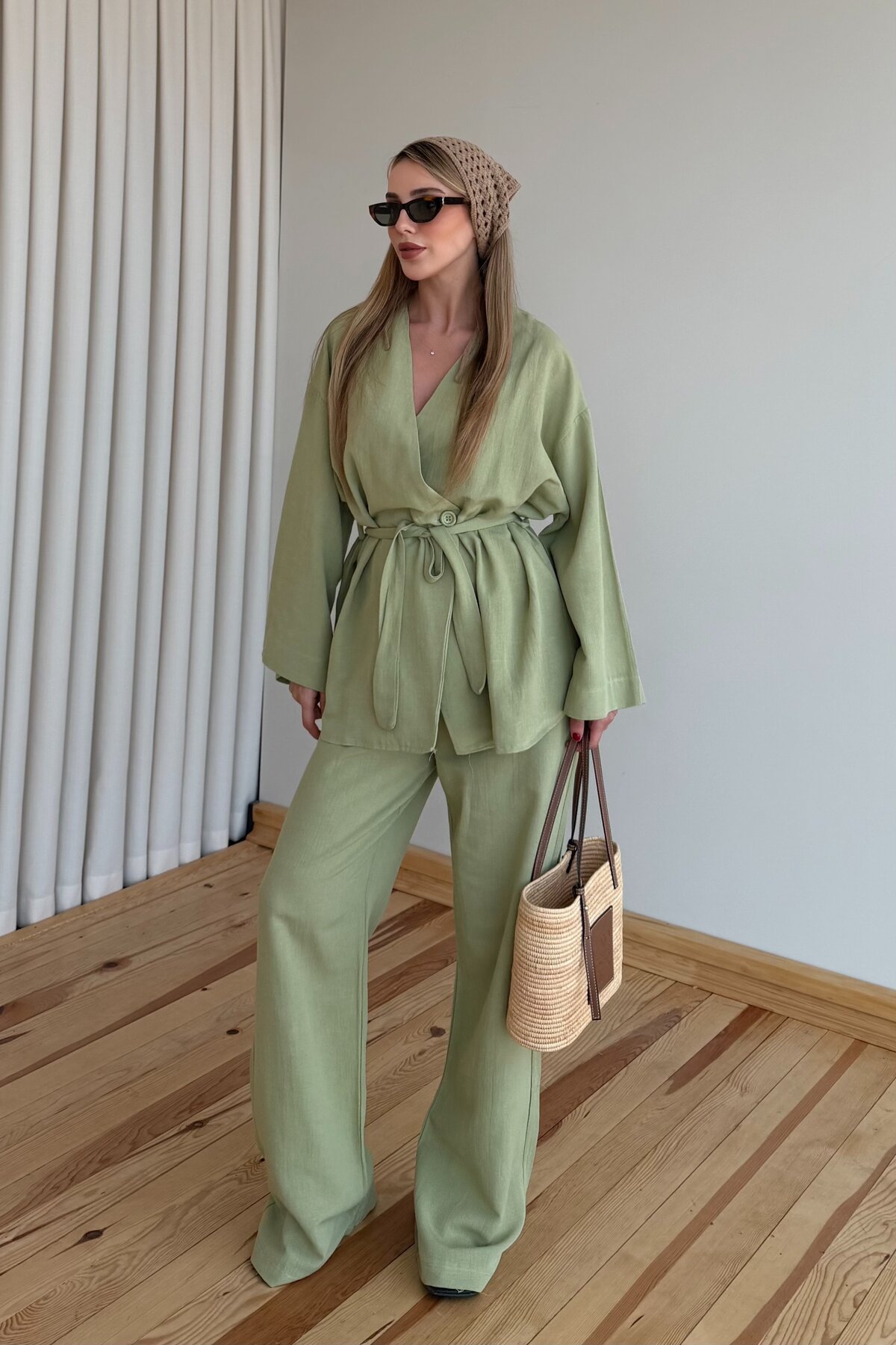 Laluvia Haki Pamuklu Kimono Takım