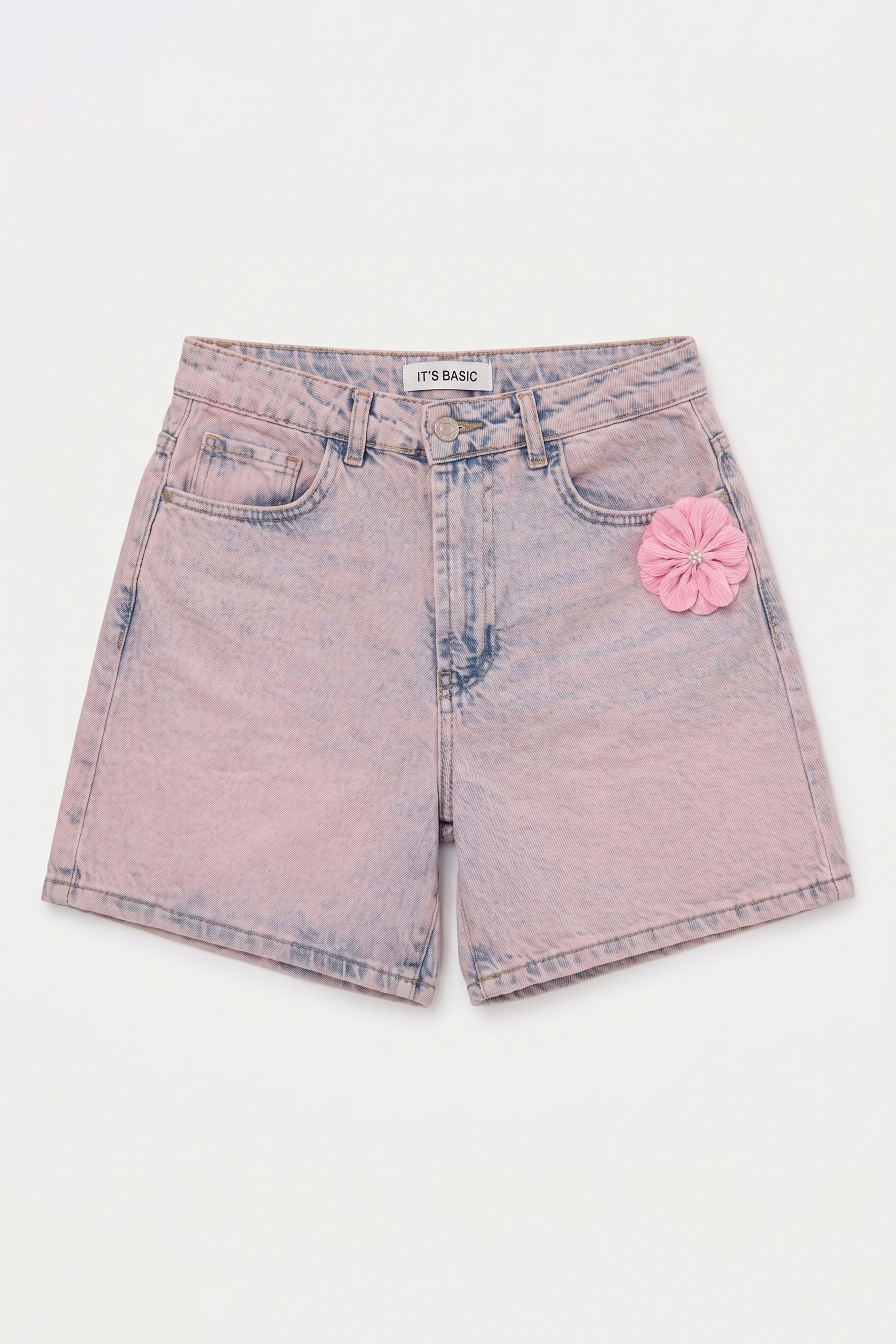 It's Basic Kadın Jean Pembe 4s6-89 Mom Relax Gül ve Nakış Detaylı Özel Tasarım Denim Şort