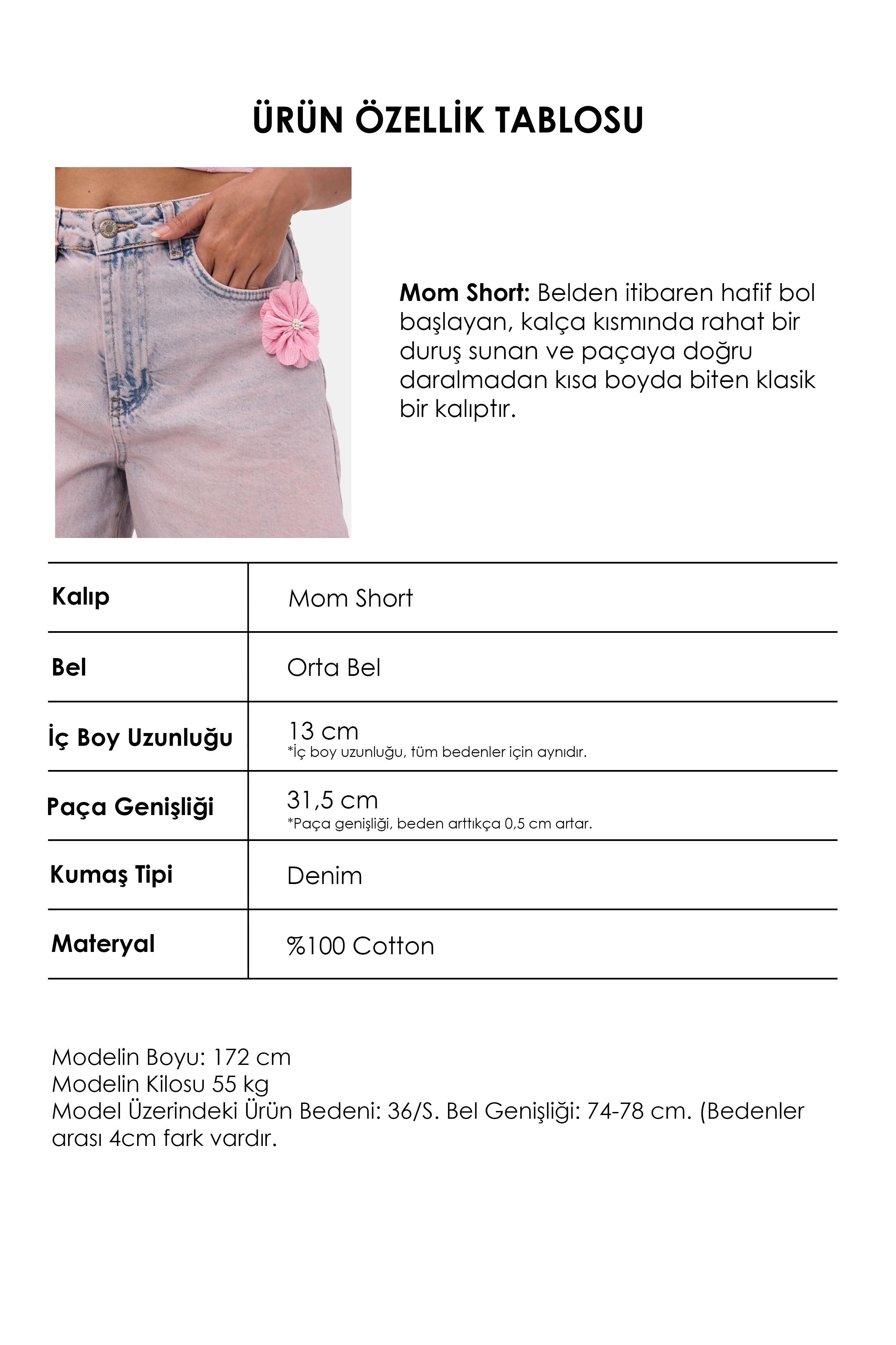 It's Basic Kadın Jean Pembe 4s6-89 Mom Relax Gül ve Nakış Detaylı Özel Tasarım Denim Şort görsel 4