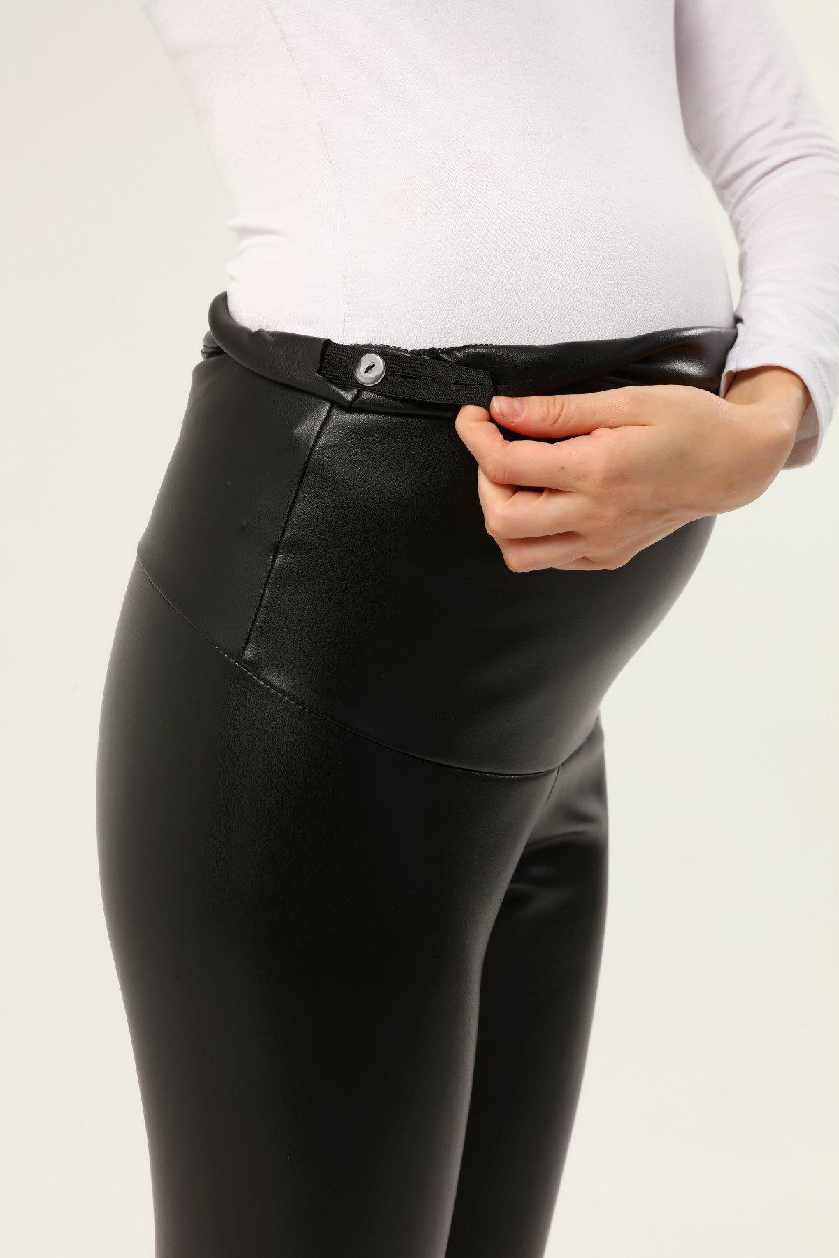 Luvmabelly Beli Ayarlamalı Kadın Deri Görünümlü Termal Hamile Tayt görsel 4